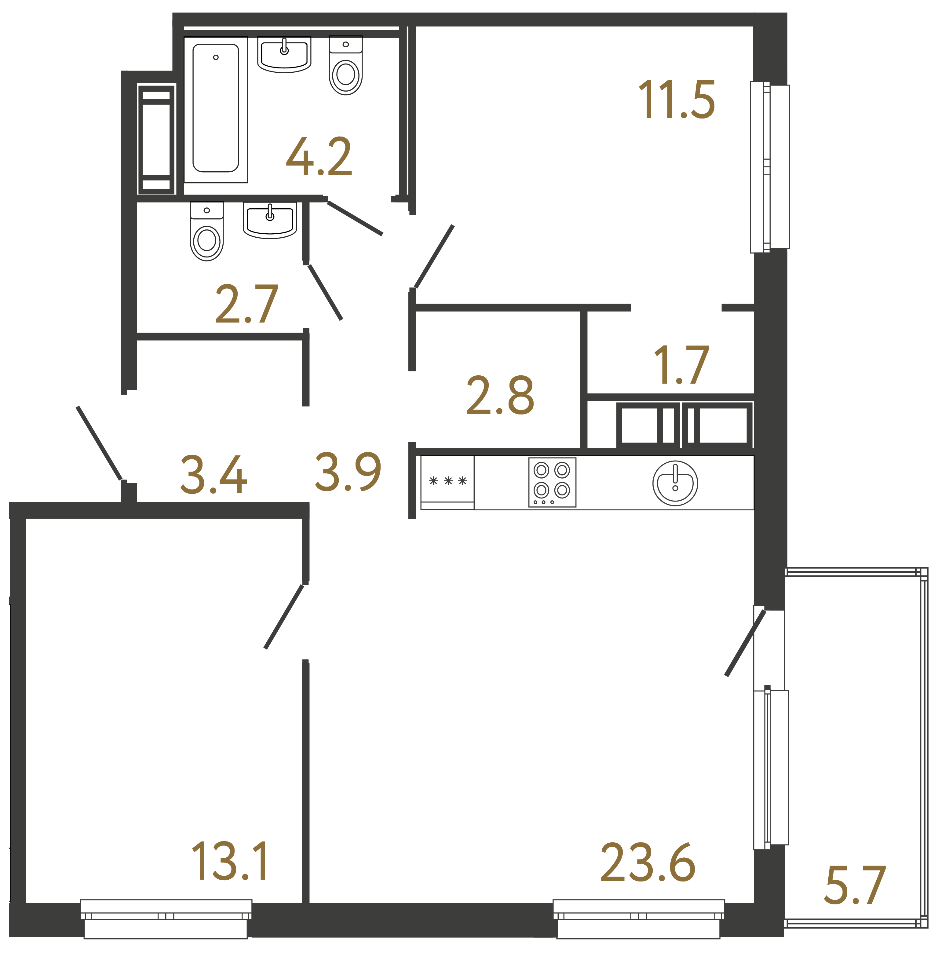 Двухкомнатная квартира 66.9 м²