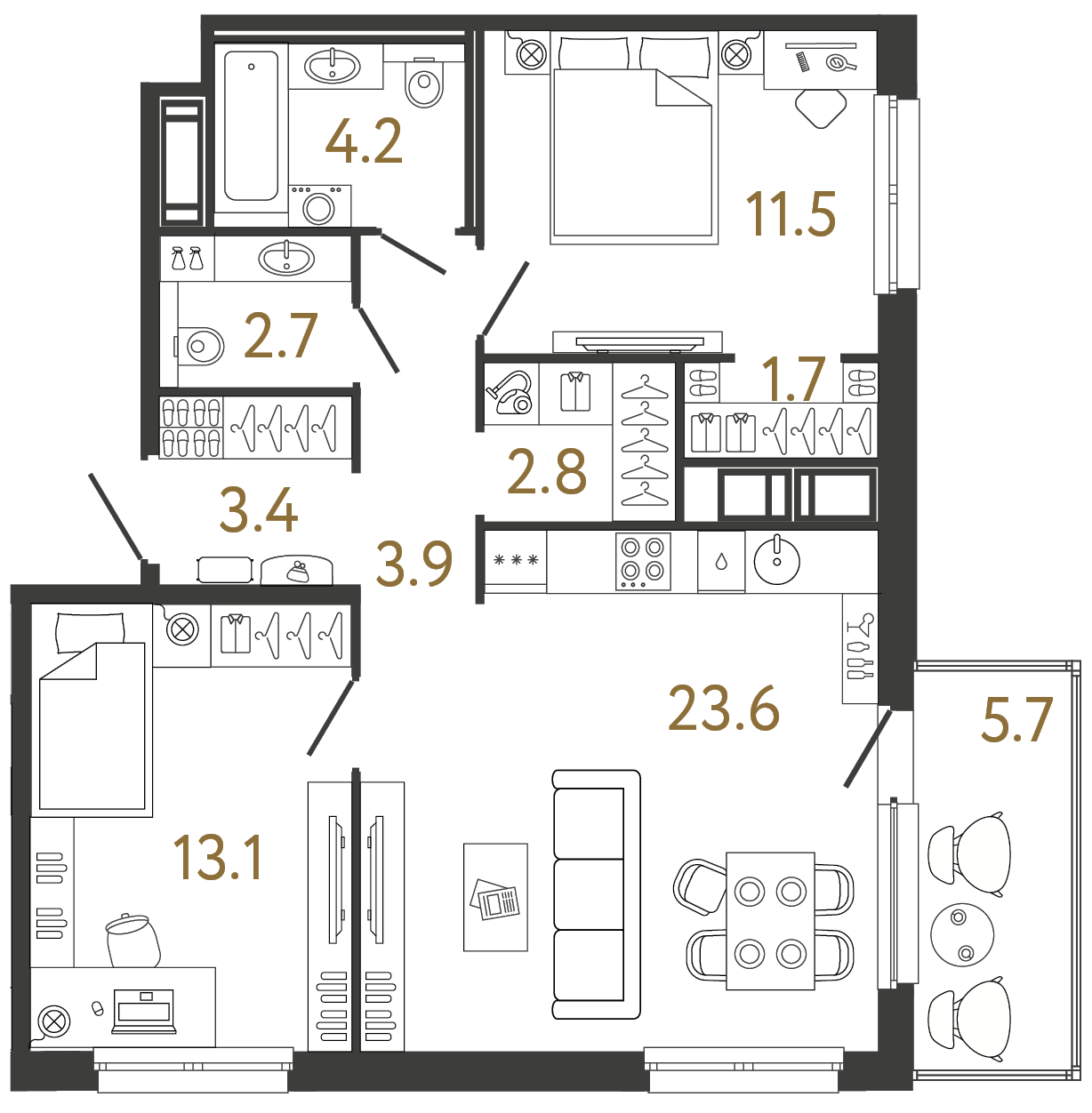 Двухкомнатная квартира 66.9 м²
