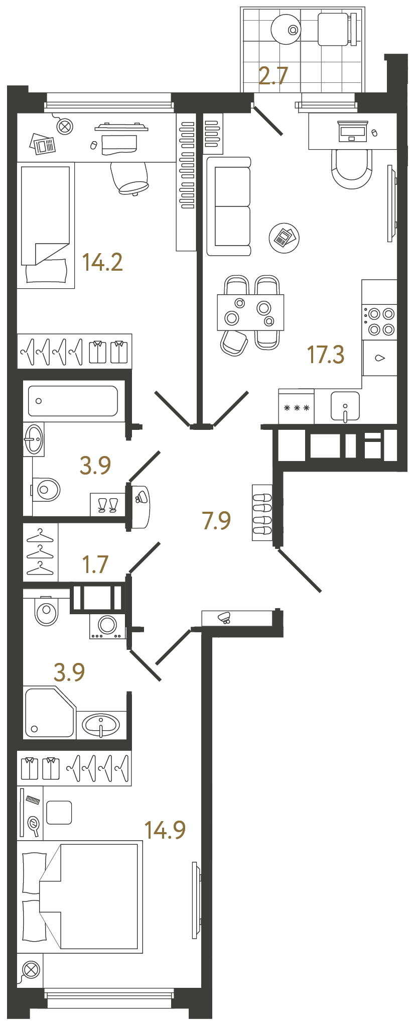 Двухкомнатная квартира 63.8 м²