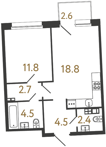 Однокомнатная квартира №20 в ЖК Цвет Зеленогорска - 44.7 м²  - №2