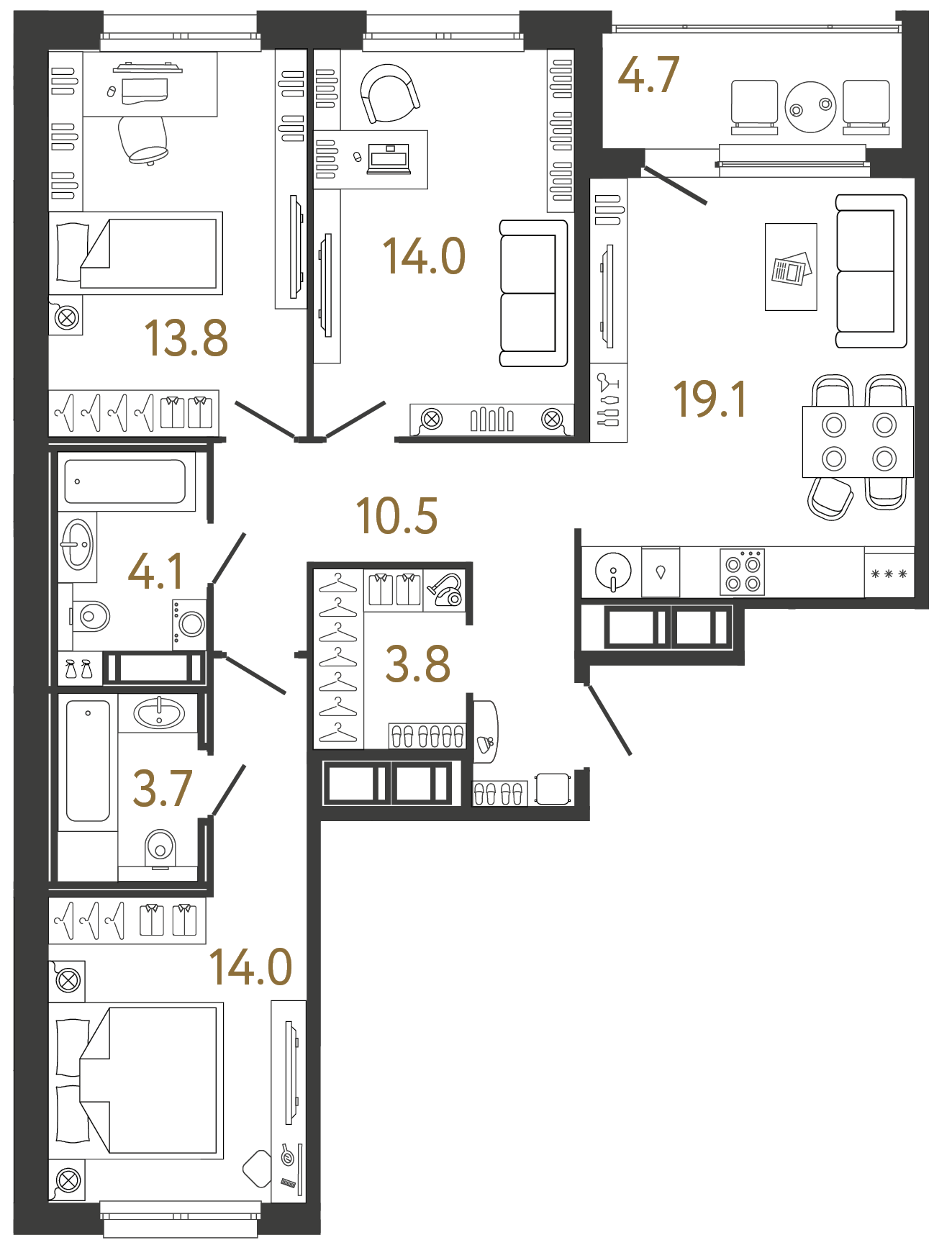 Трёхкомнатная квартира 83 м²