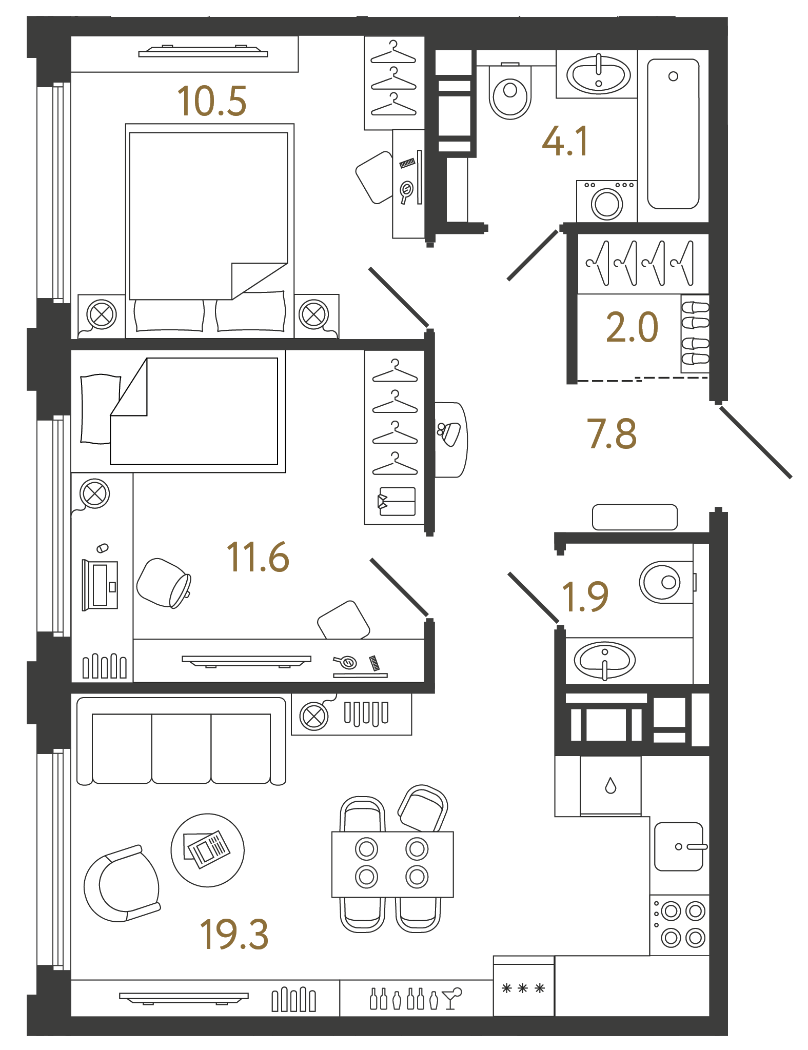 Двухкомнатная квартира 57.2 м²