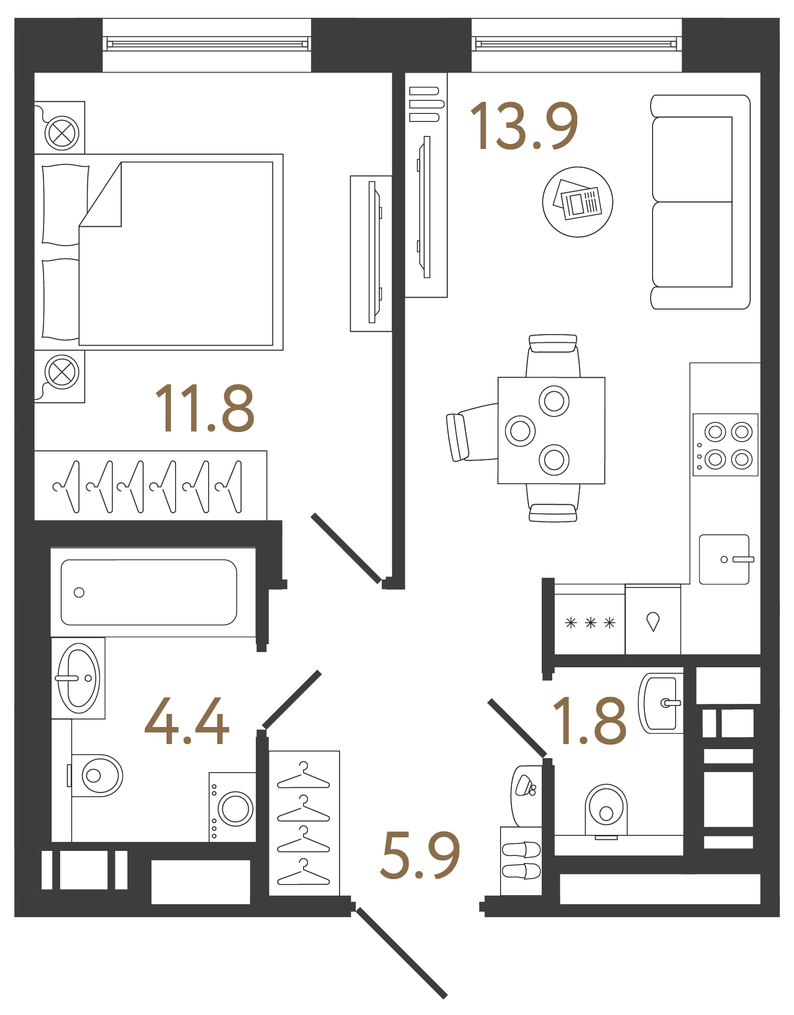 Однокомнатная квартира 37.8 м²