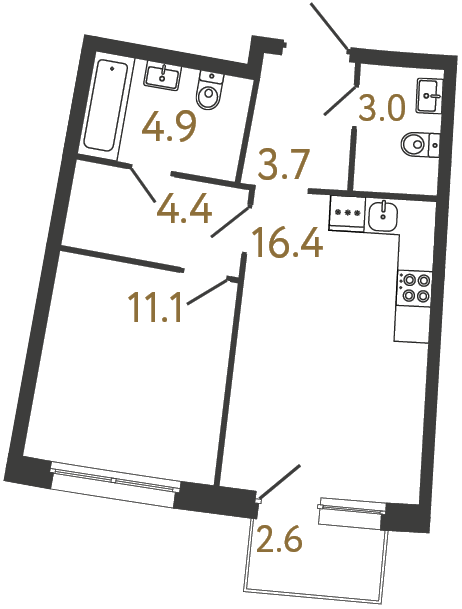 Однокомнатная квартира №77 в ЖК Цвет Зеленогорска - 43.5 м²  - №2