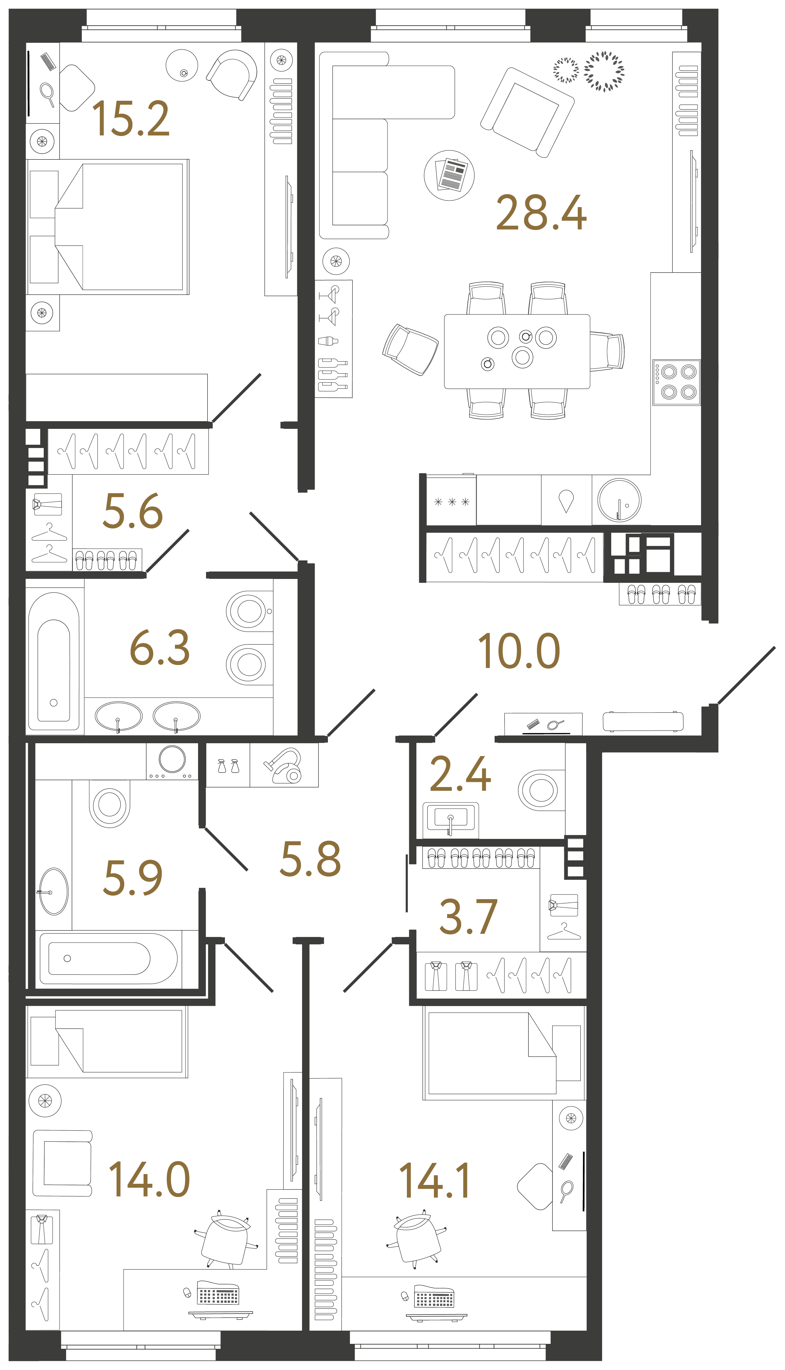 Трёхкомнатная квартира 111.4 м²
