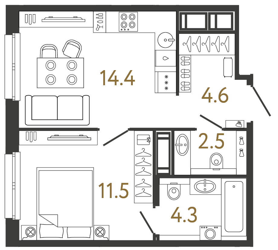 Однокомнатная квартира 37.3 м²