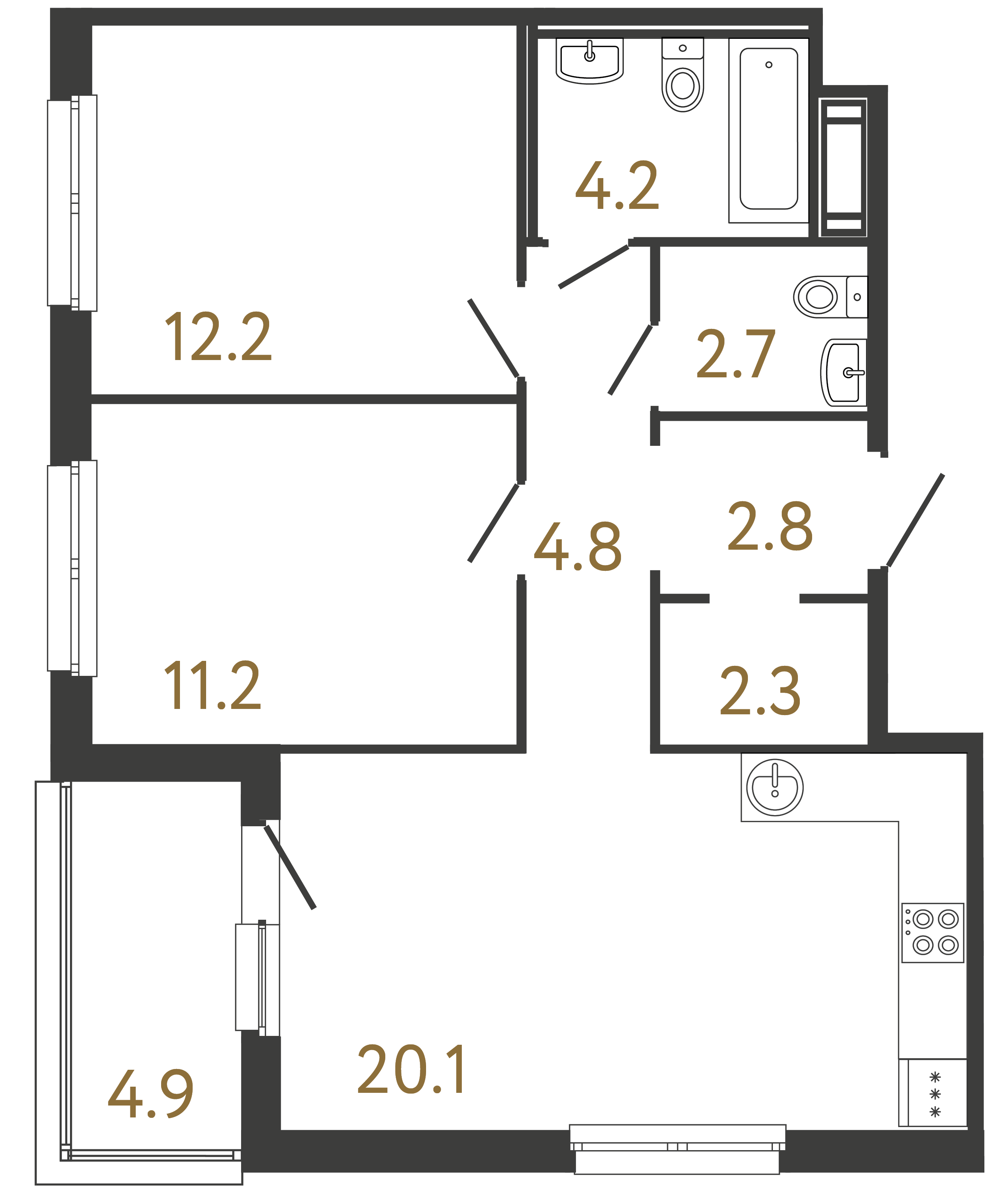 Двухкомнатная квартира 60.3 м²