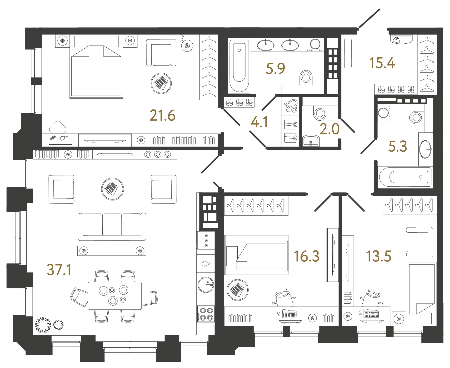Трёхкомнатная квартира 121.2 м²