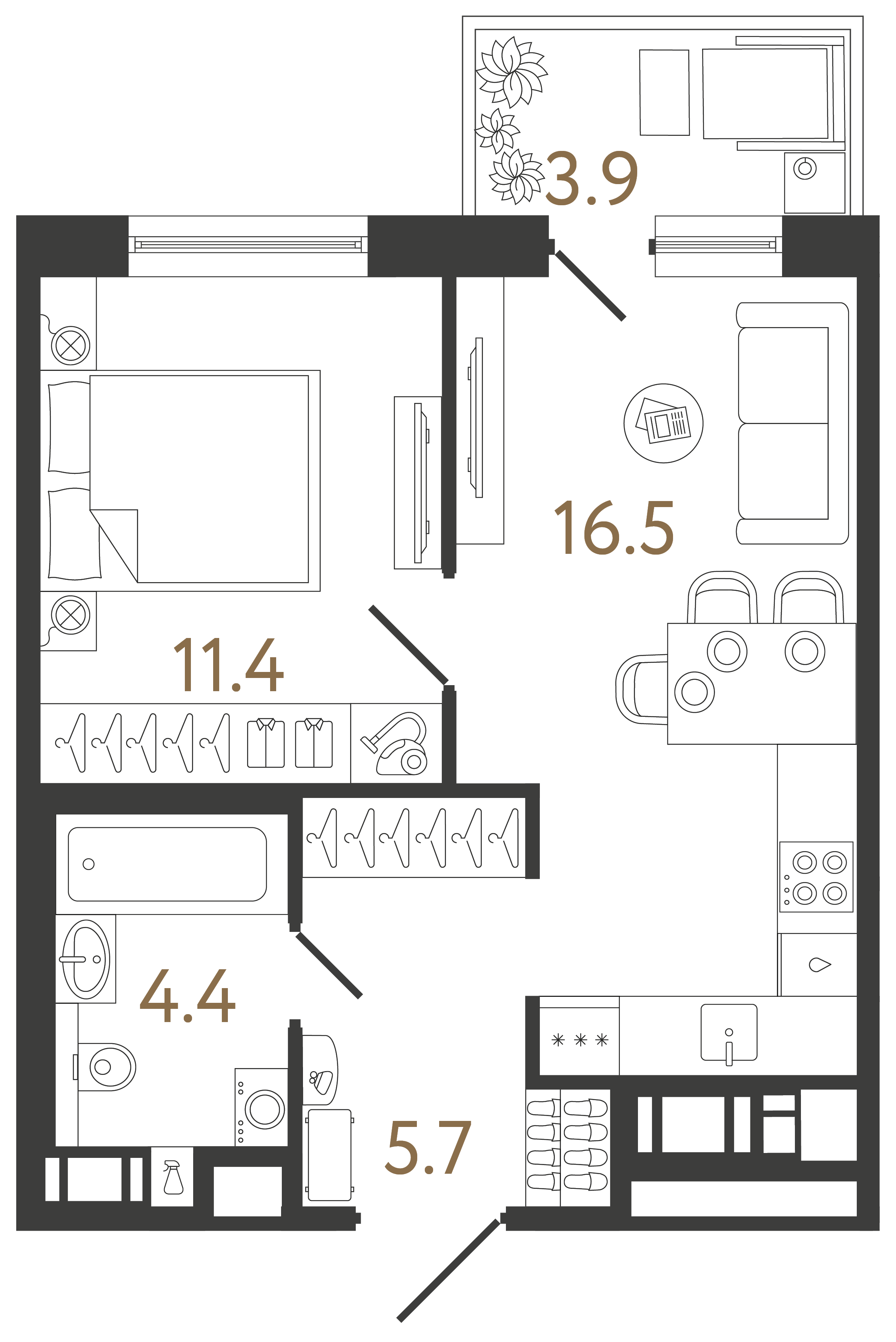 Однокомнатная квартира 38 м²