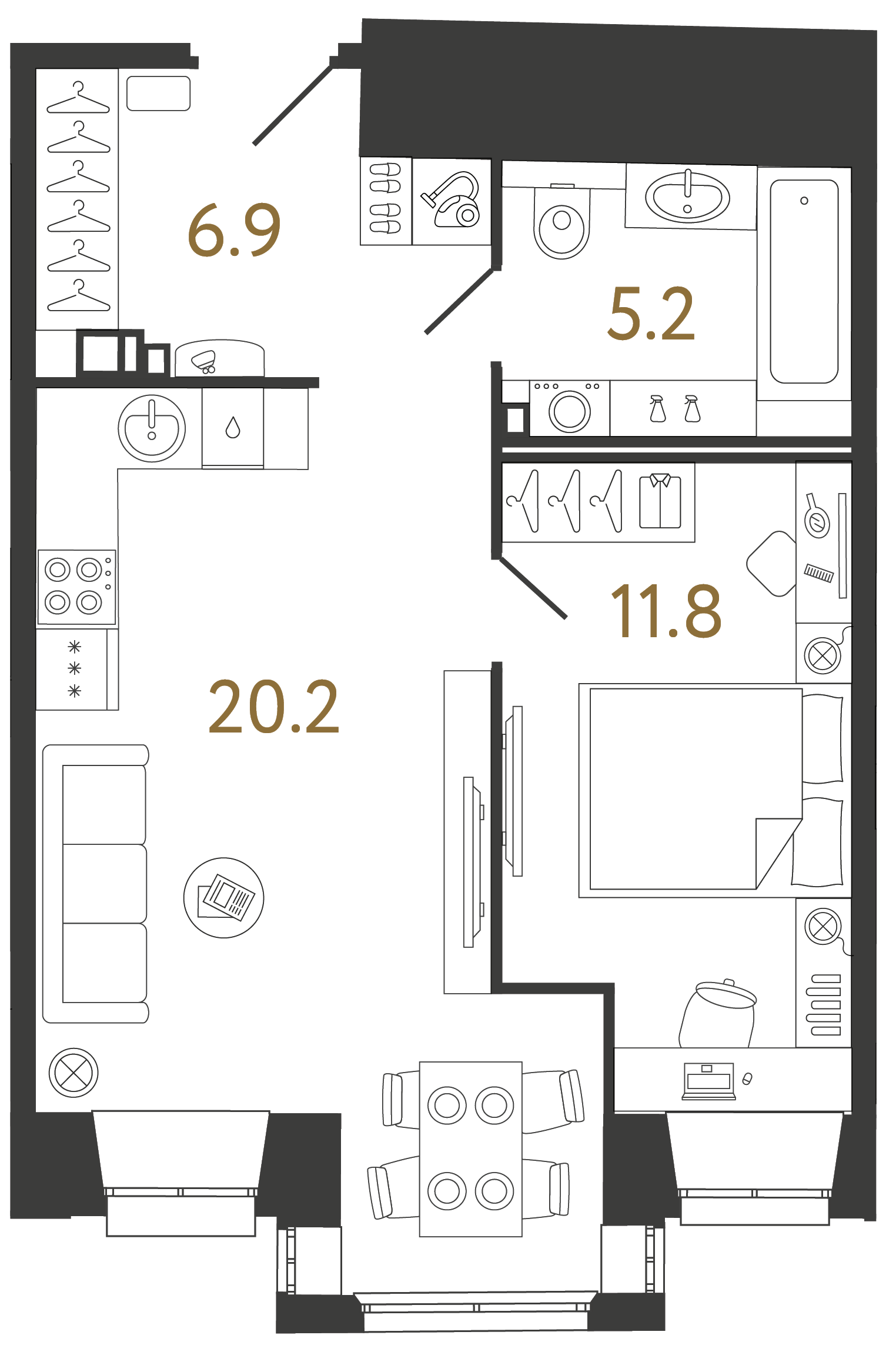Однокомнатные апартаменты 44.1 м²