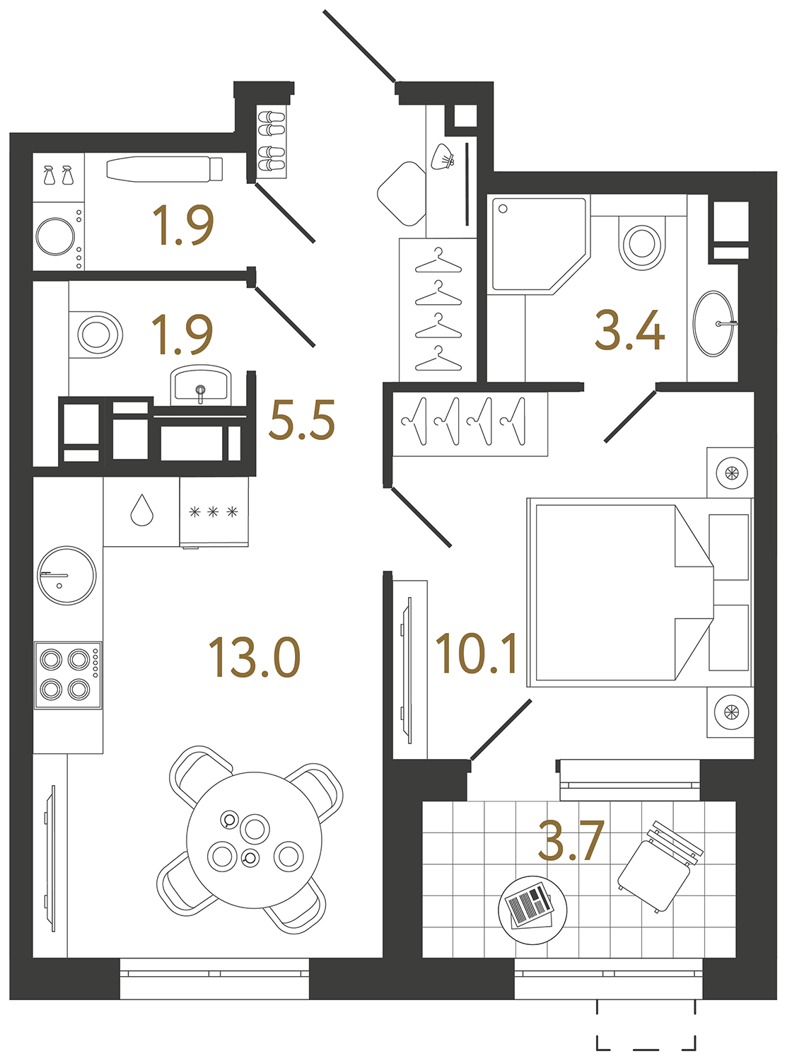 Однокомнатная квартира 35.8 м²