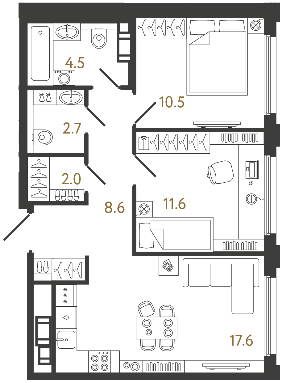 Двухкомнатная квартира 57.5 м²