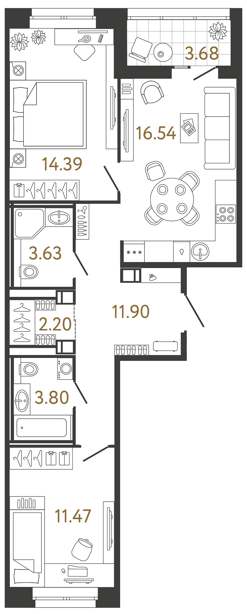 Двухкомнатная квартира 63.93 м²