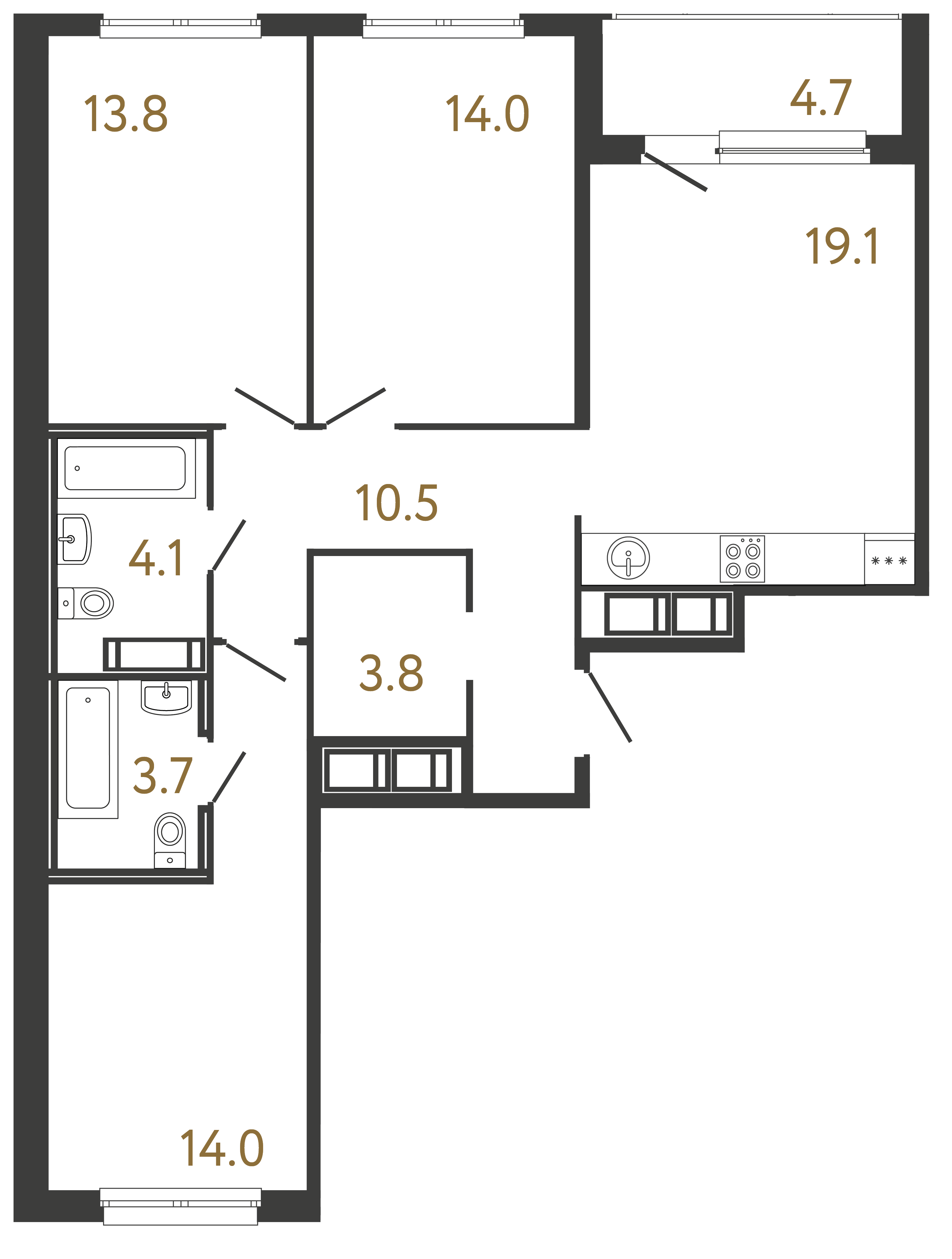 Трёхкомнатная квартира 83 м²