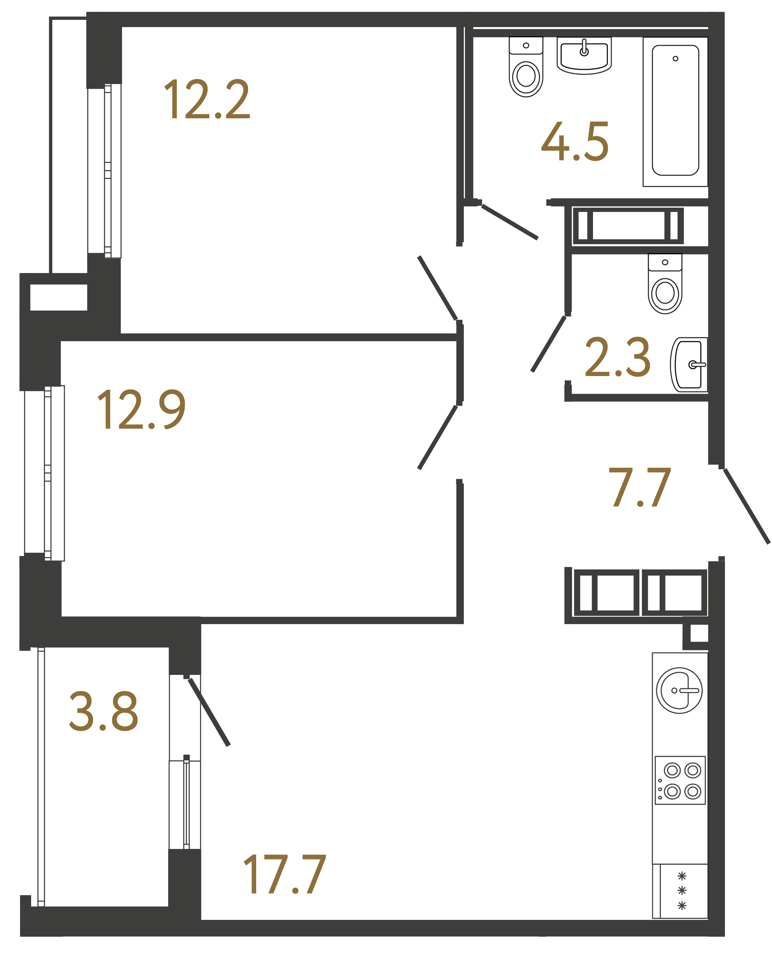 Двухкомнатная квартира 57.3 м²