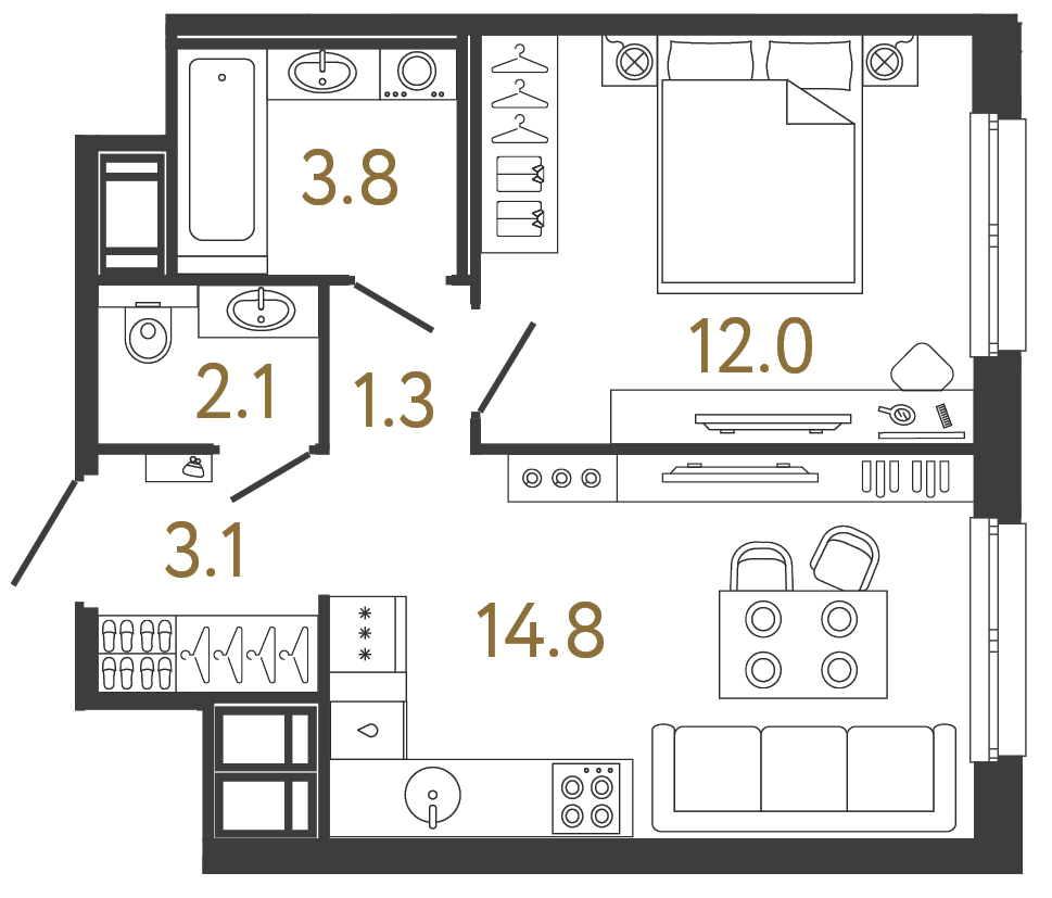 Однокомнатная квартира 37.1 м²