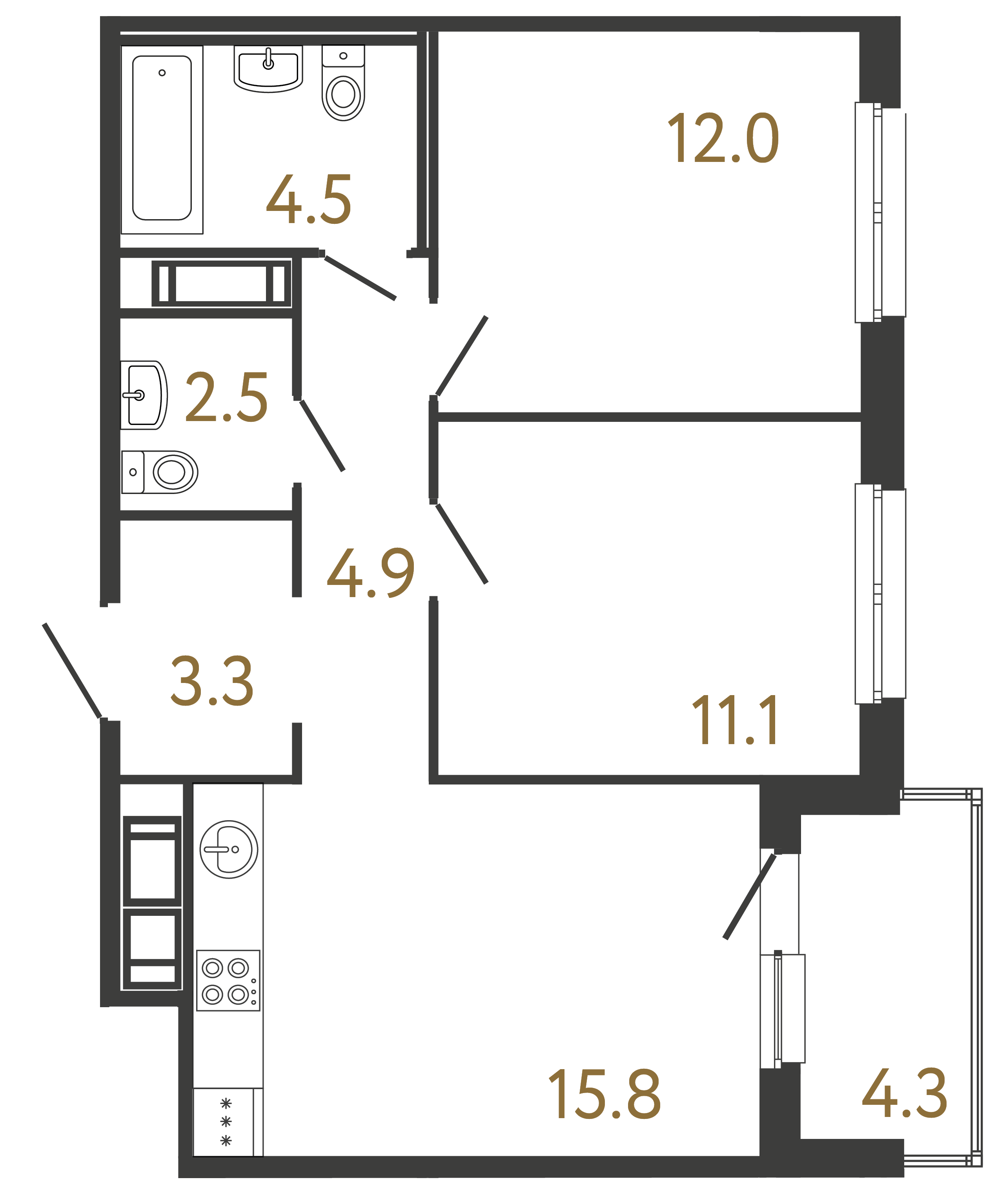 Двухкомнатная квартира 54.1 м²
