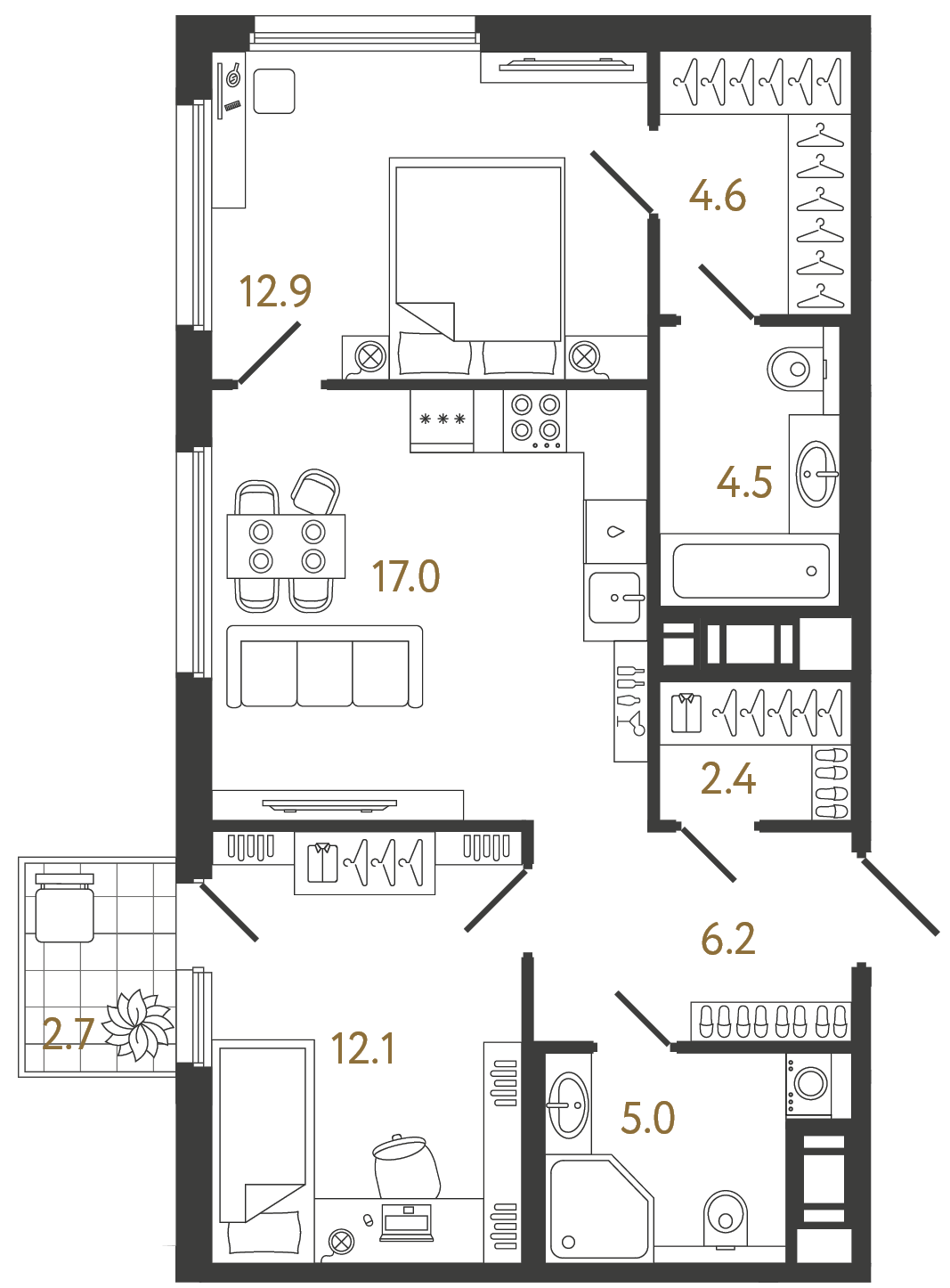 Двухкомнатная квартира 64.7 м²