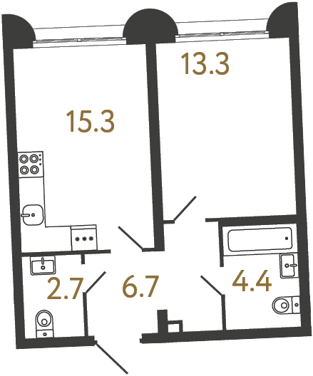 Однокомнатная квартира №7 в ЖК Цвет Зеленогорска - 42.4 м²  - №2