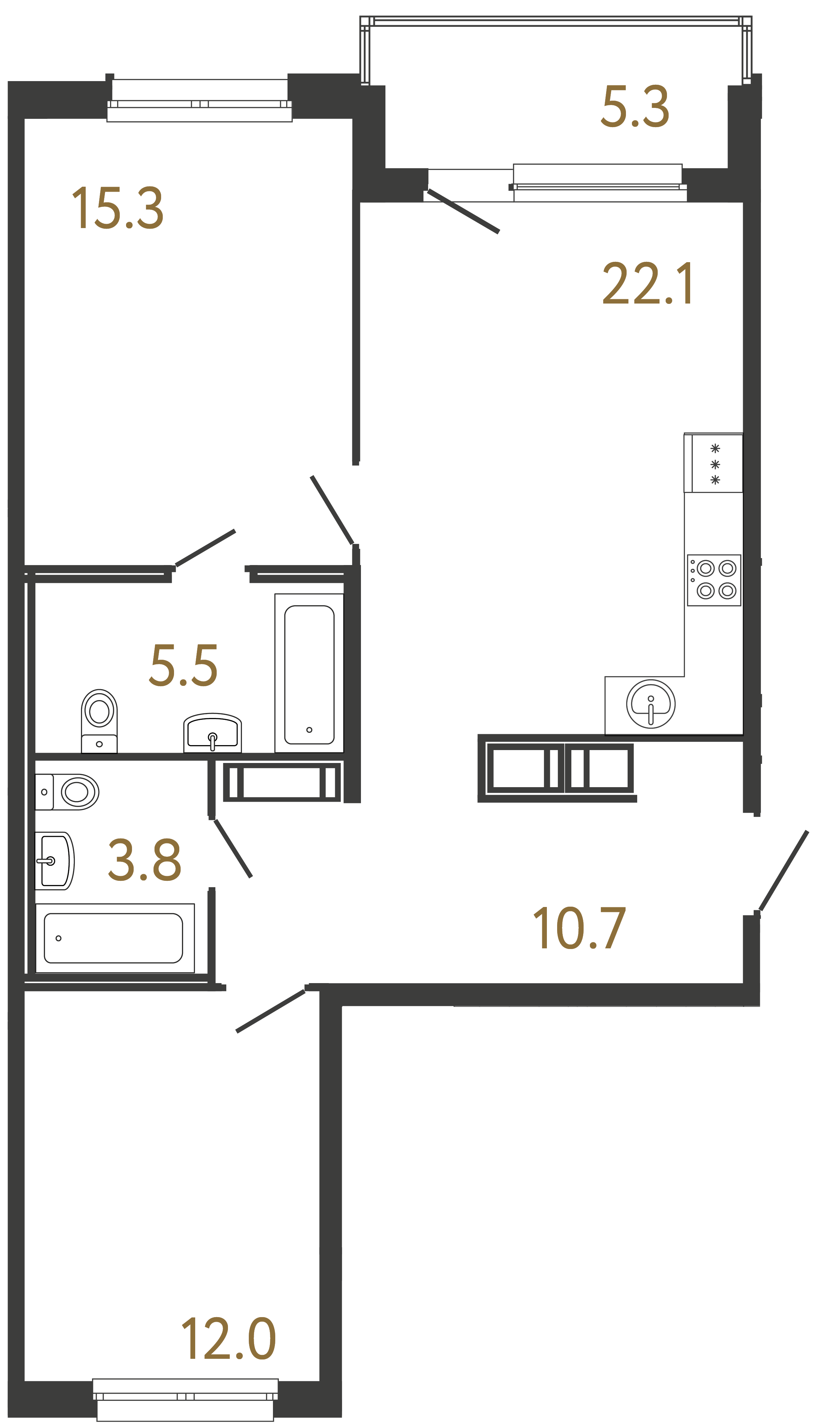 Двухкомнатная квартира 69.4 м²