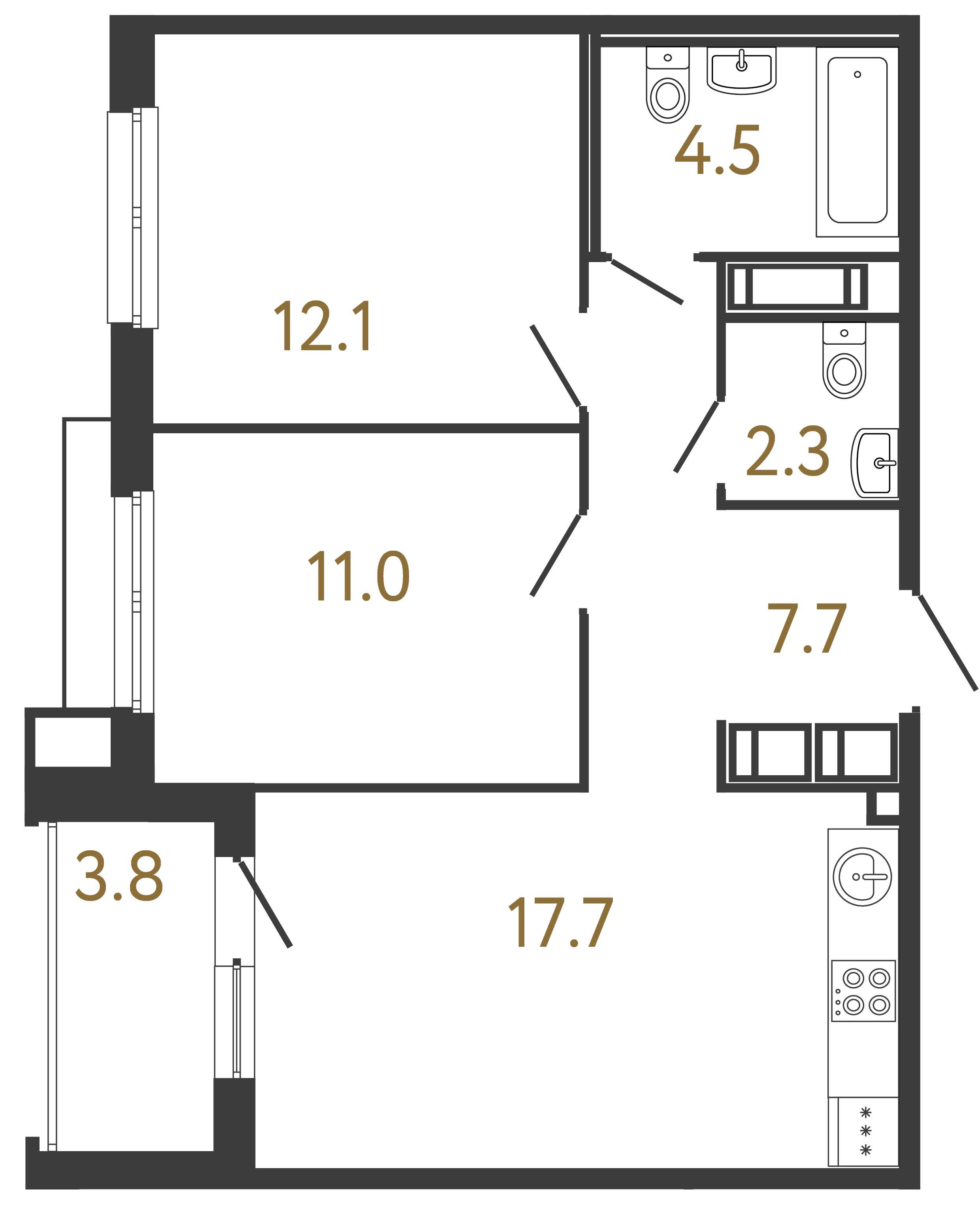 Двухкомнатная квартира 55.3 м²