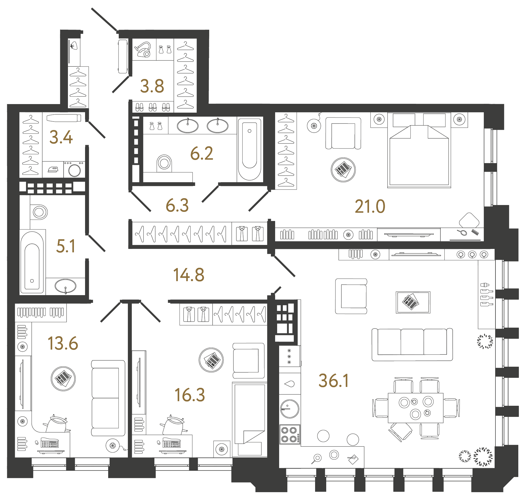 Трёхкомнатная квартира 126.6 м²