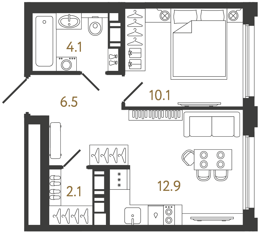 Однокомнатная квартира 35.7 м²