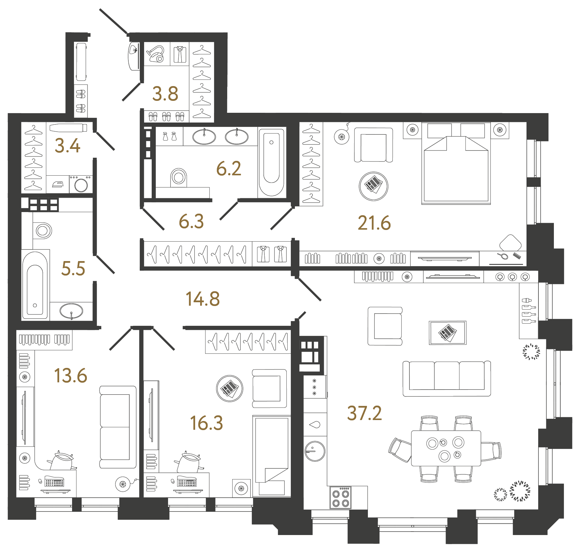 Трёхкомнатная квартира 128.7 м²
