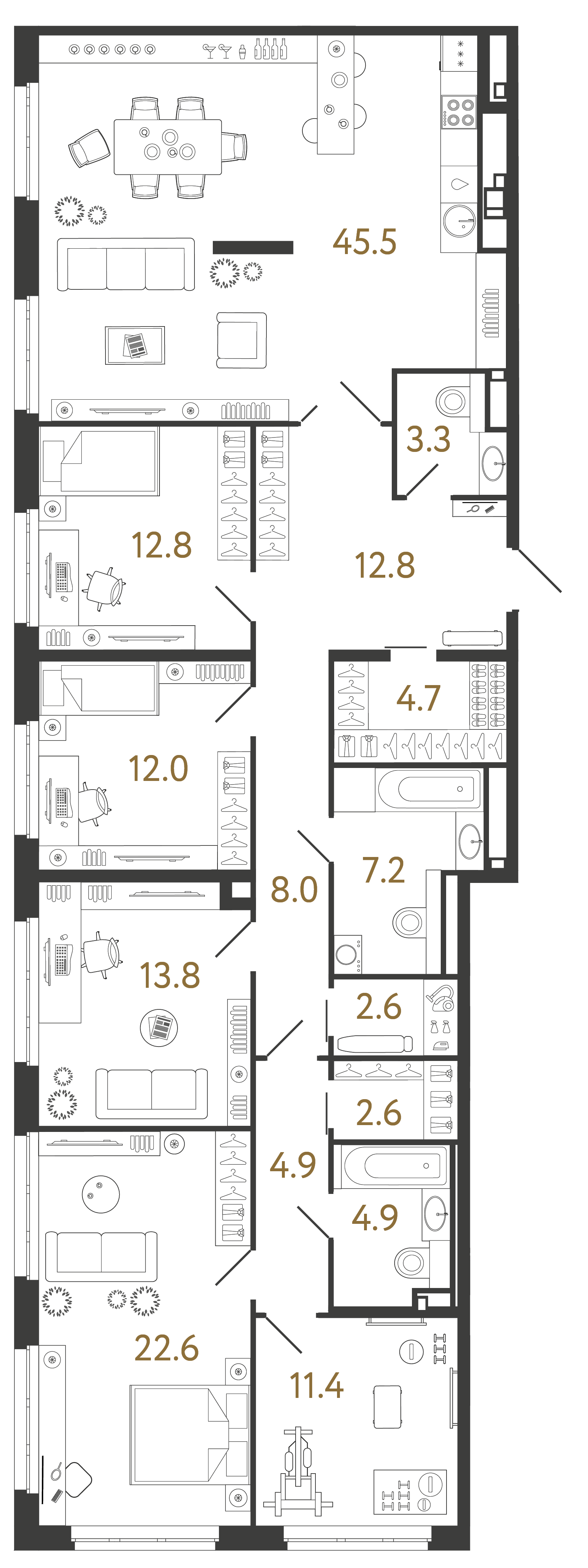 Пятикомнатная квартира 169.1 м²