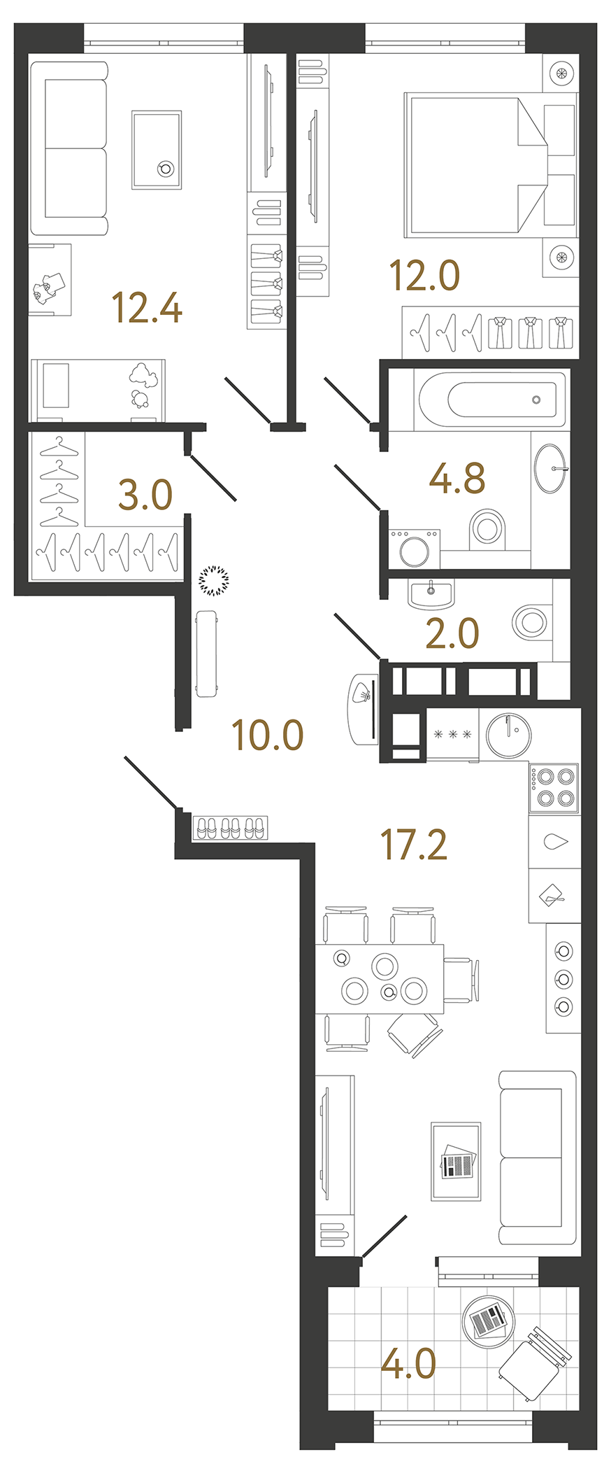Двухкомнатная квартира 61.4 м²