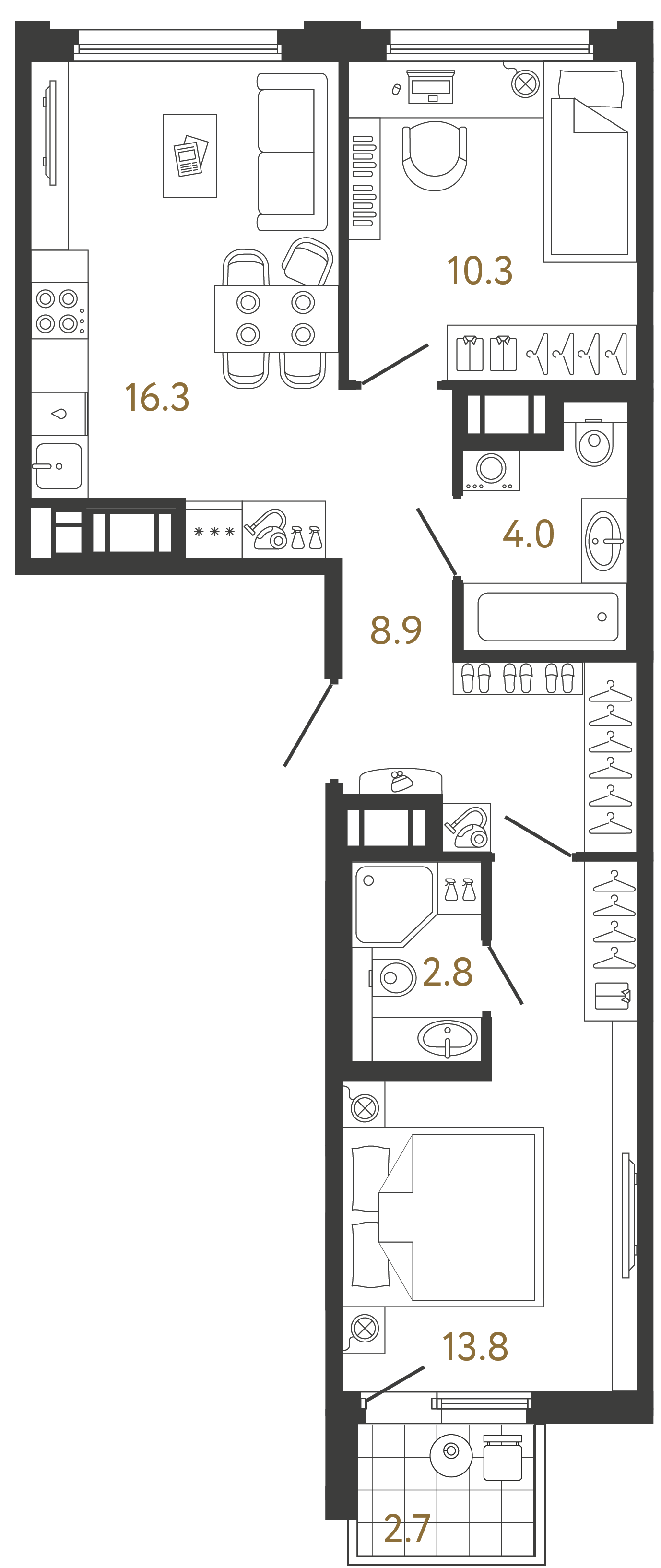Двухкомнатная квартира 56.1 м²