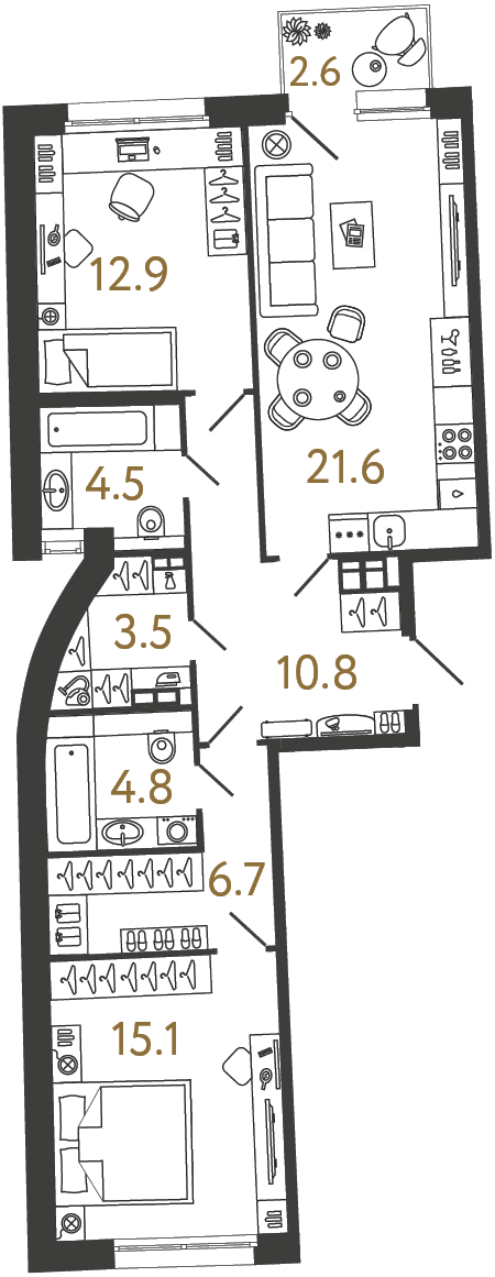 Двухкомнатная квартира 79.9 м²