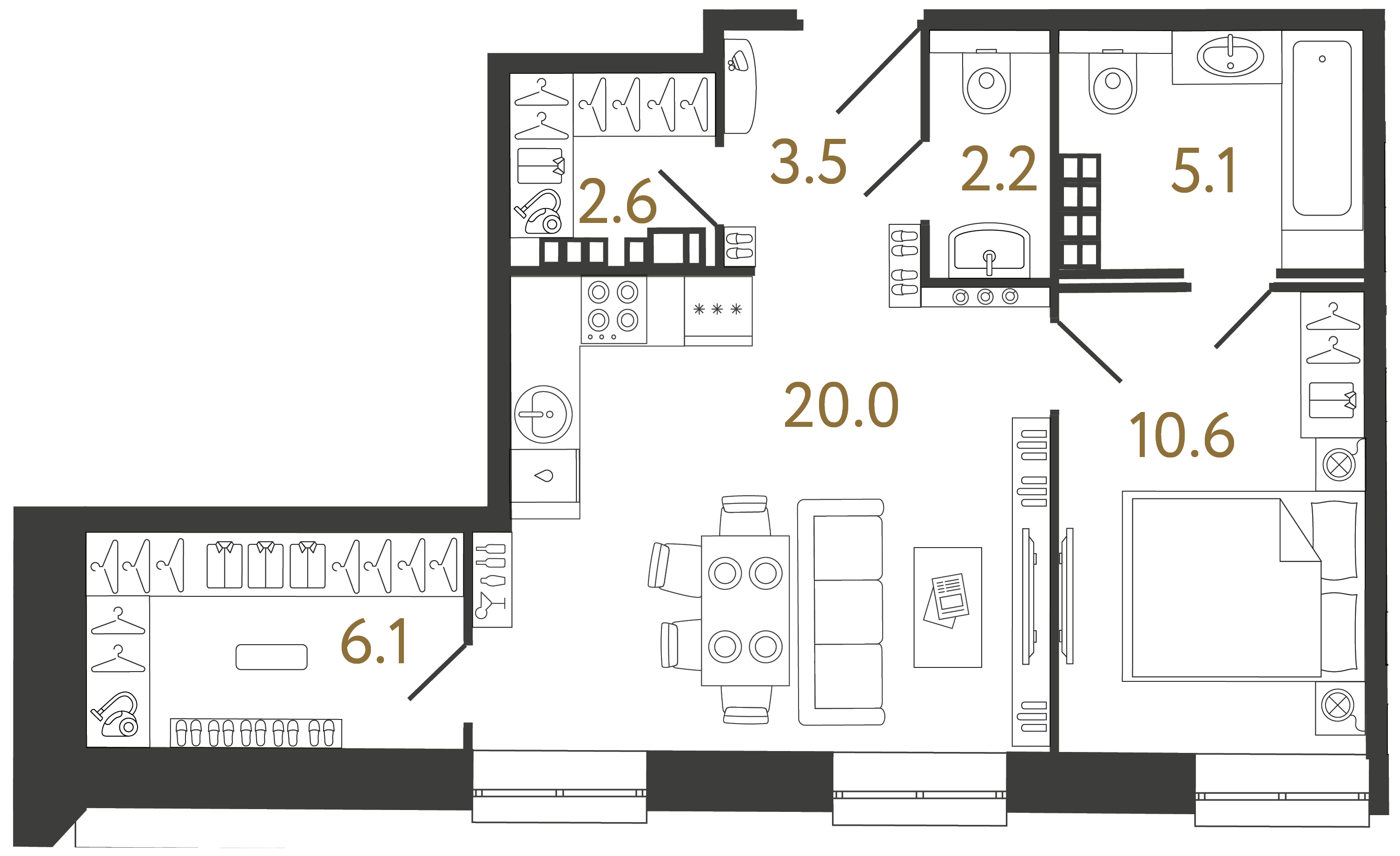 Двухкомнатные апартаменты 50.1 м²