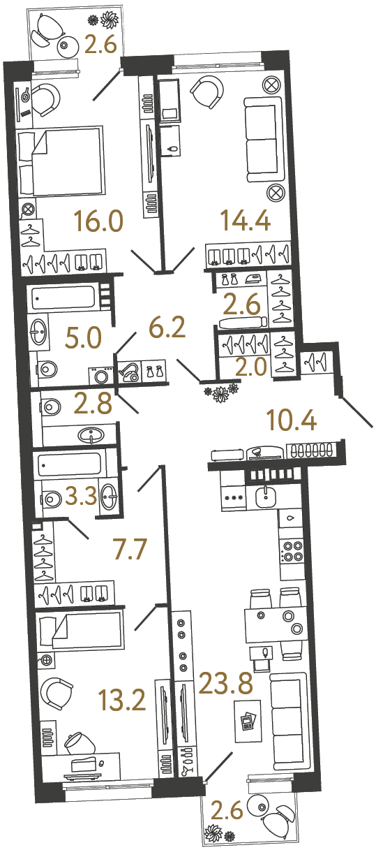 3-комнатная 107.4 м², 3 этаж