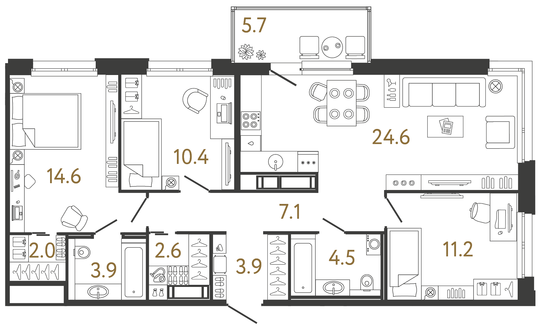 Трёхкомнатная квартира 84.8 м²