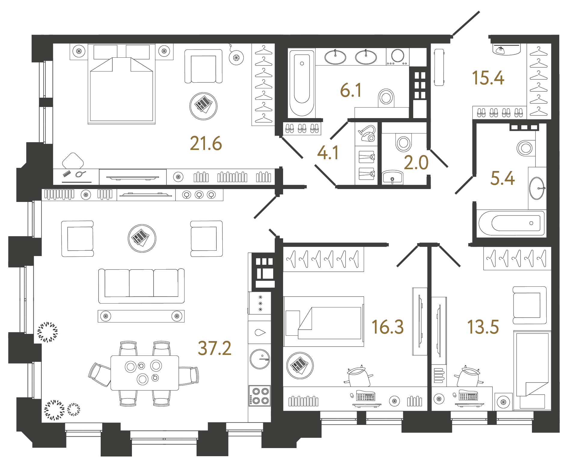 Трёхкомнатная квартира 121.6 м²