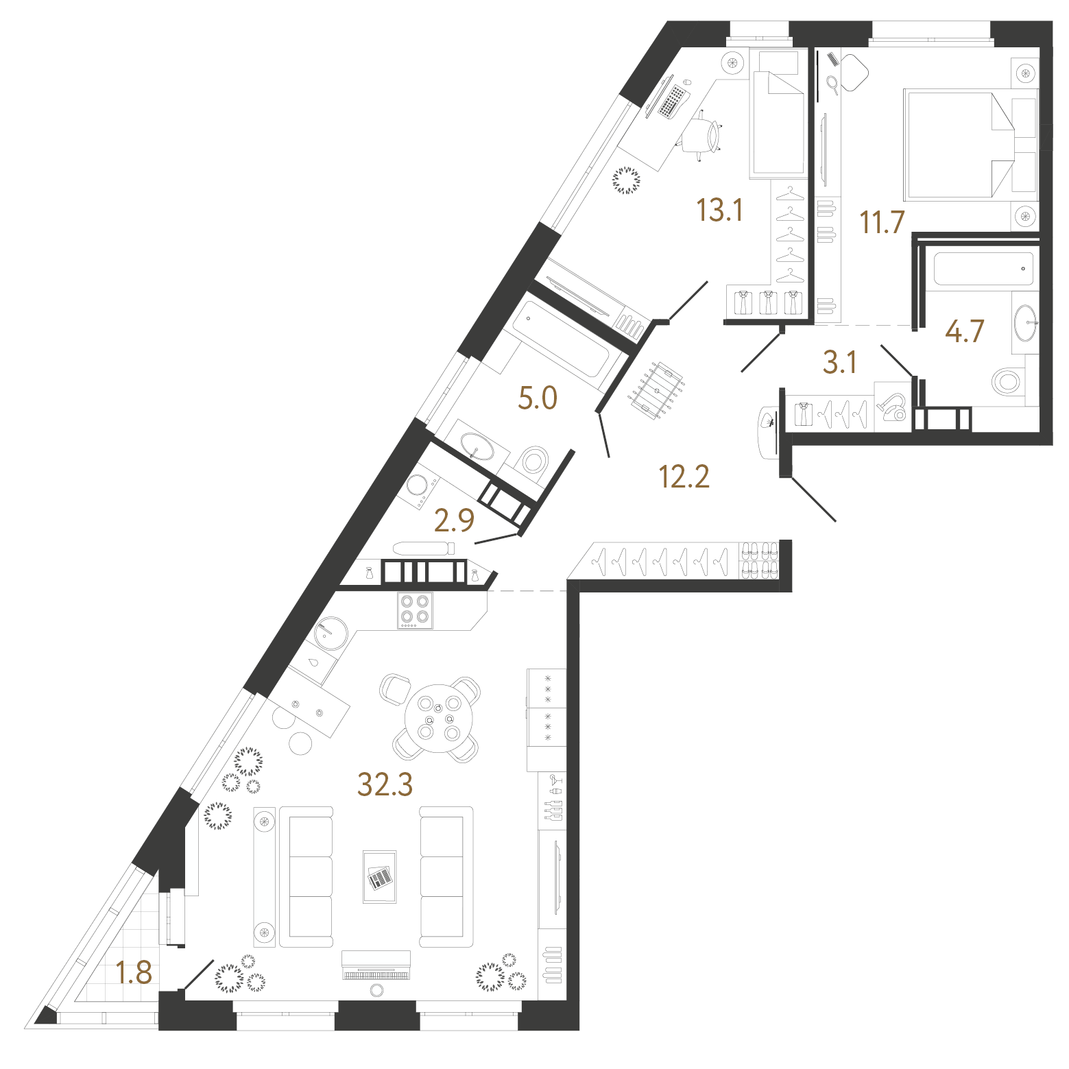 Двухкомнатная квартира 85 м²