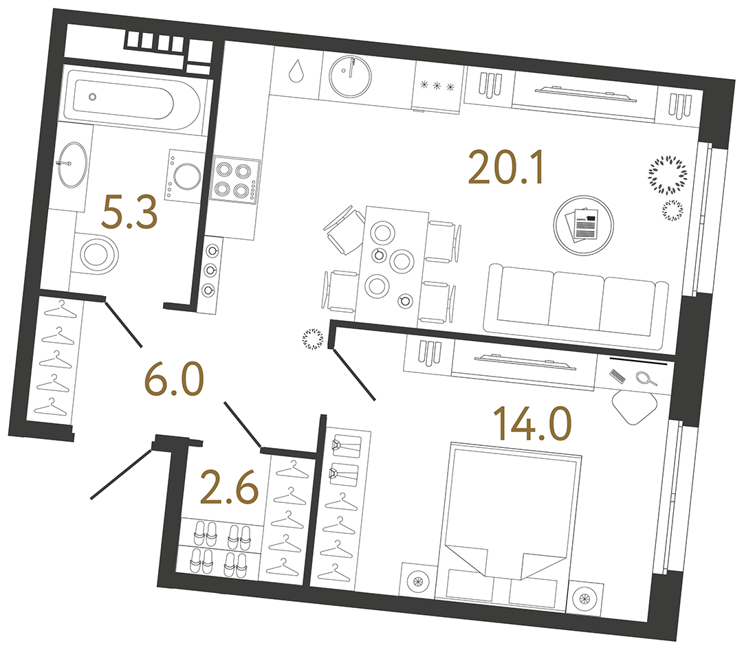 Однокомнатная квартира 48 м²