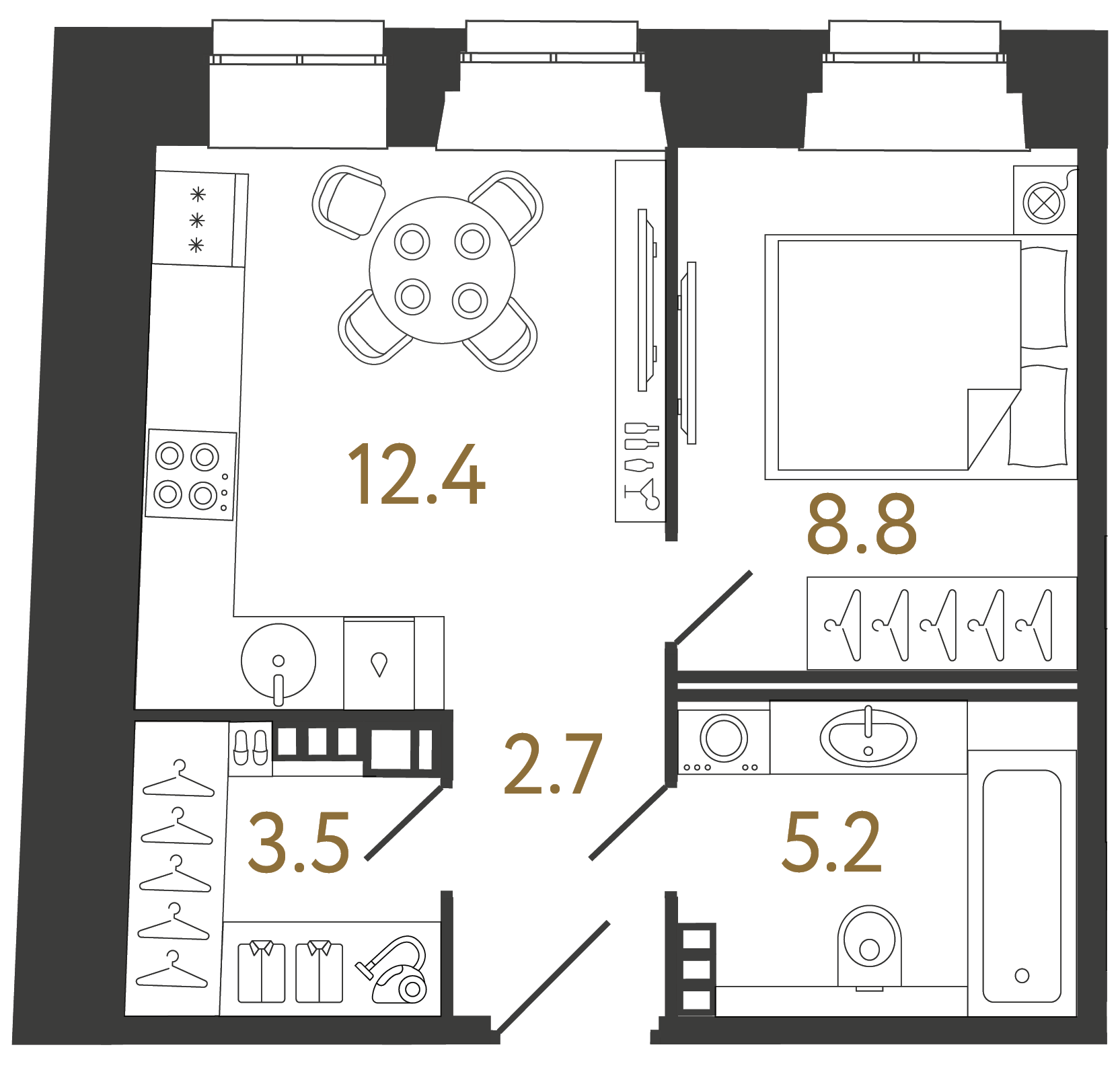 Однокомнатные апартаменты 32.6 м²