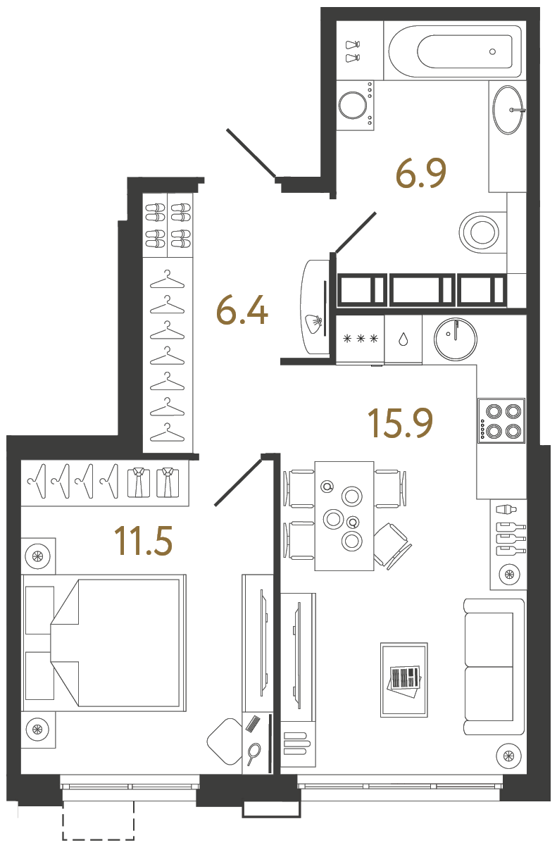 Однокомнатная квартира 40.7 м²