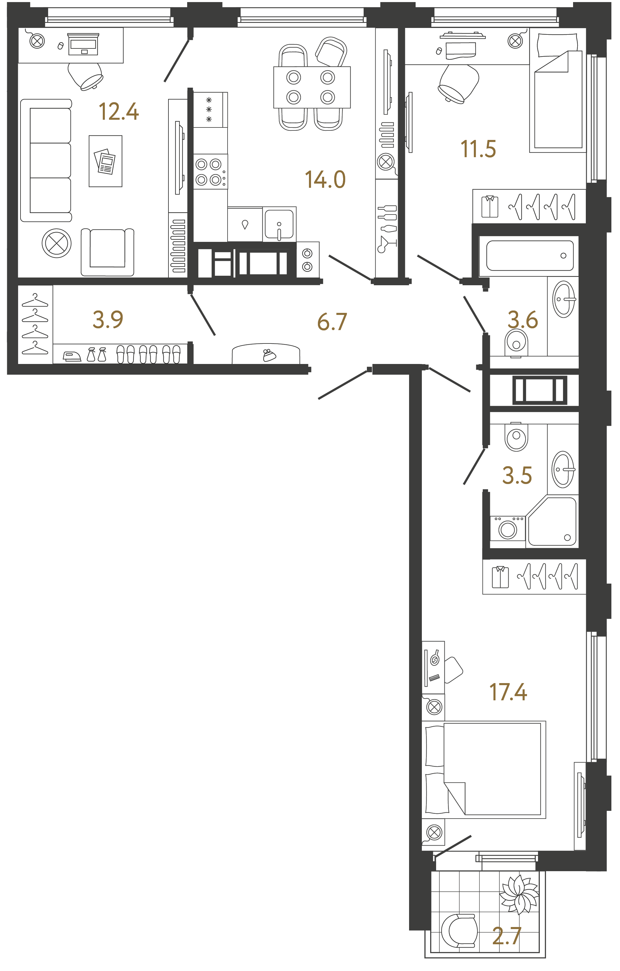 Трёхкомнатная квартира 73 м²