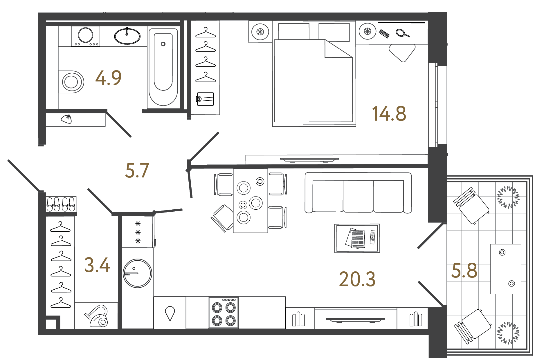 Однокомнатный номер 49.1 м²