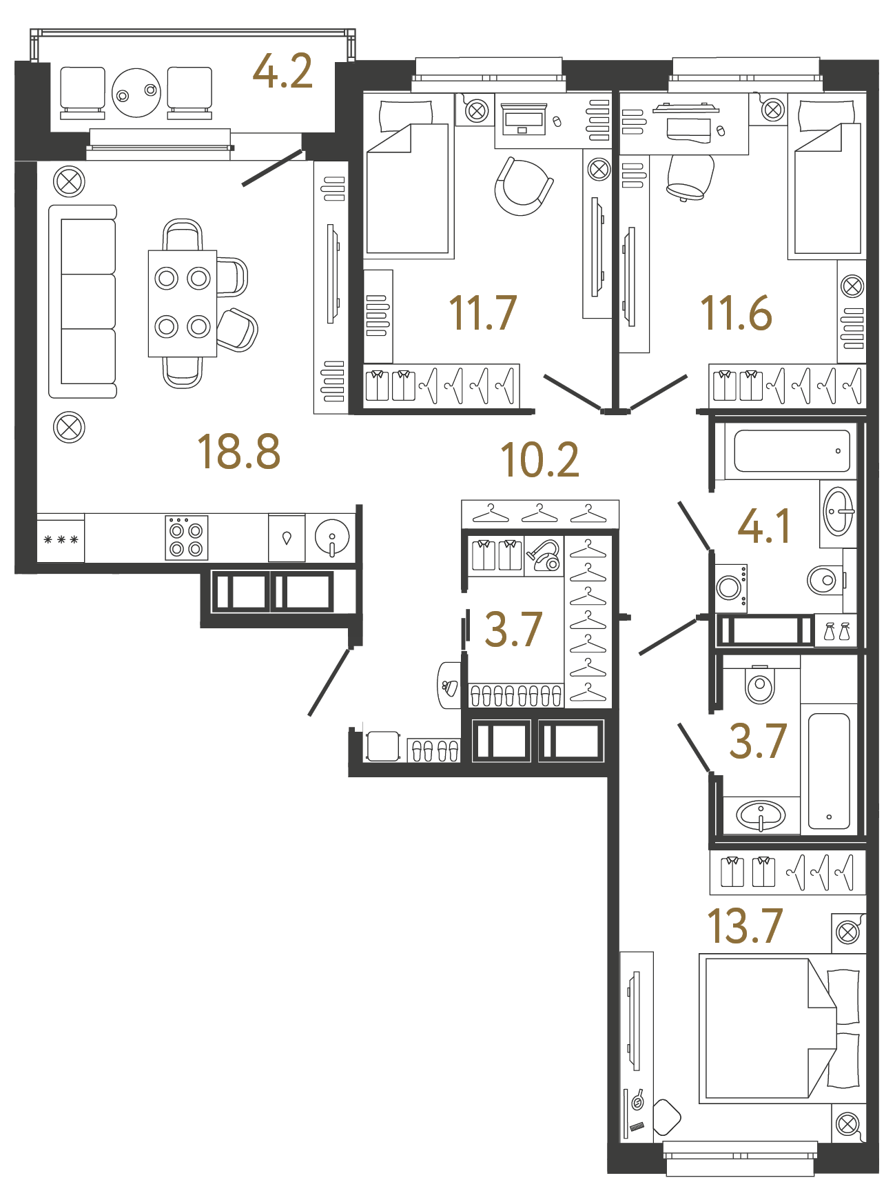 Трёхкомнатная квартира 77.5 м²