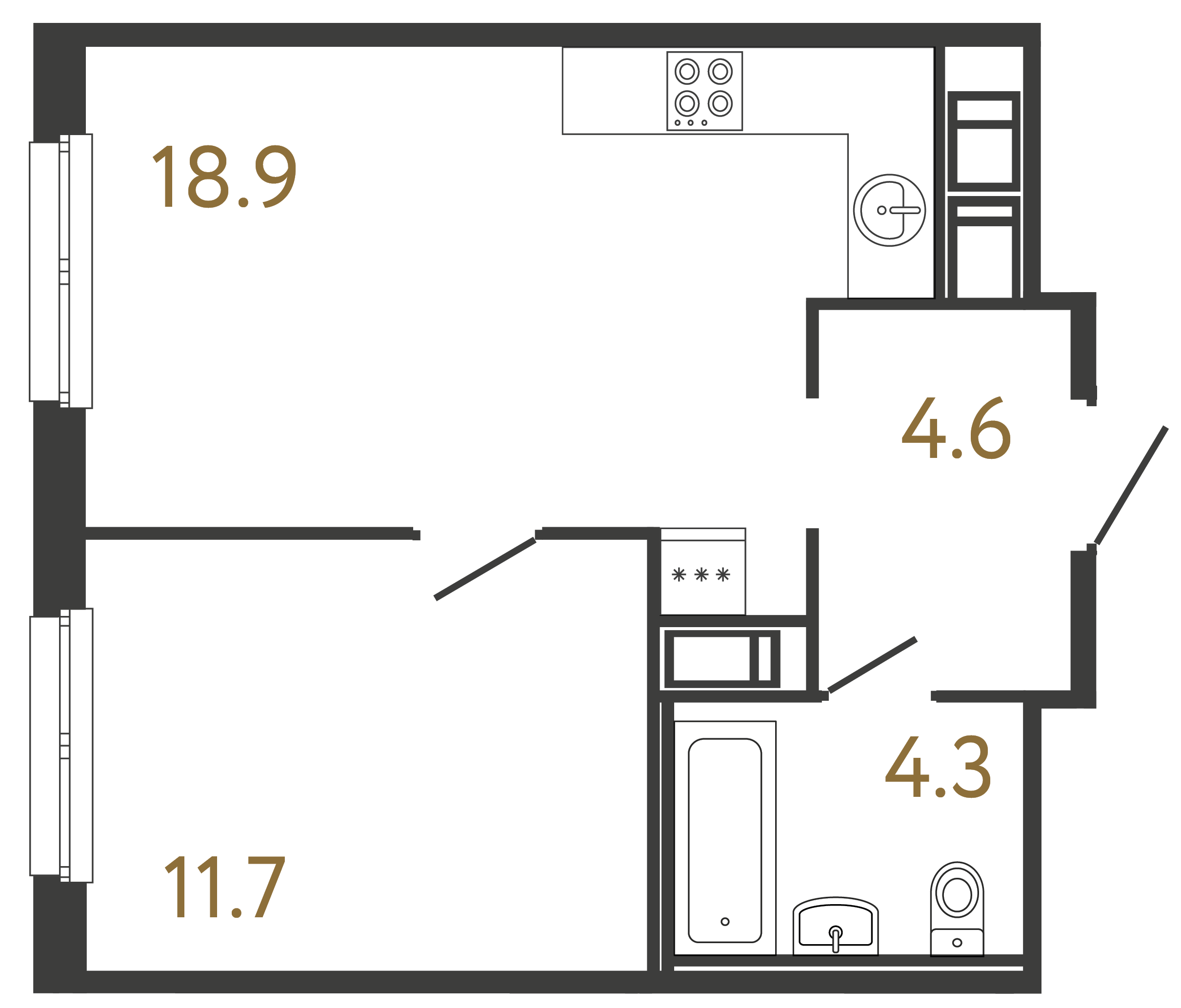 Однокомнатная квартира 39.5 м²