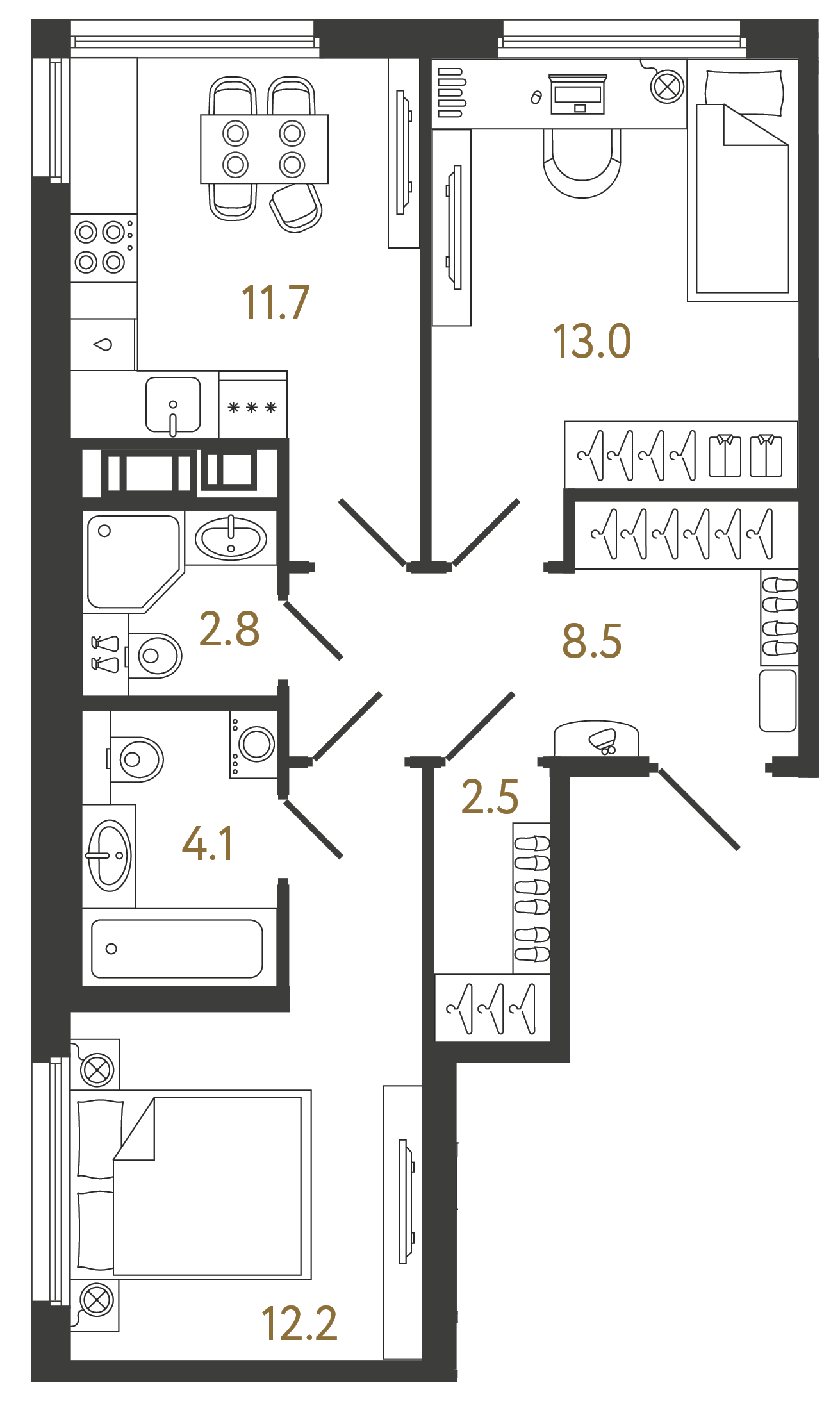 Двухкомнатная квартира 54.8 м²