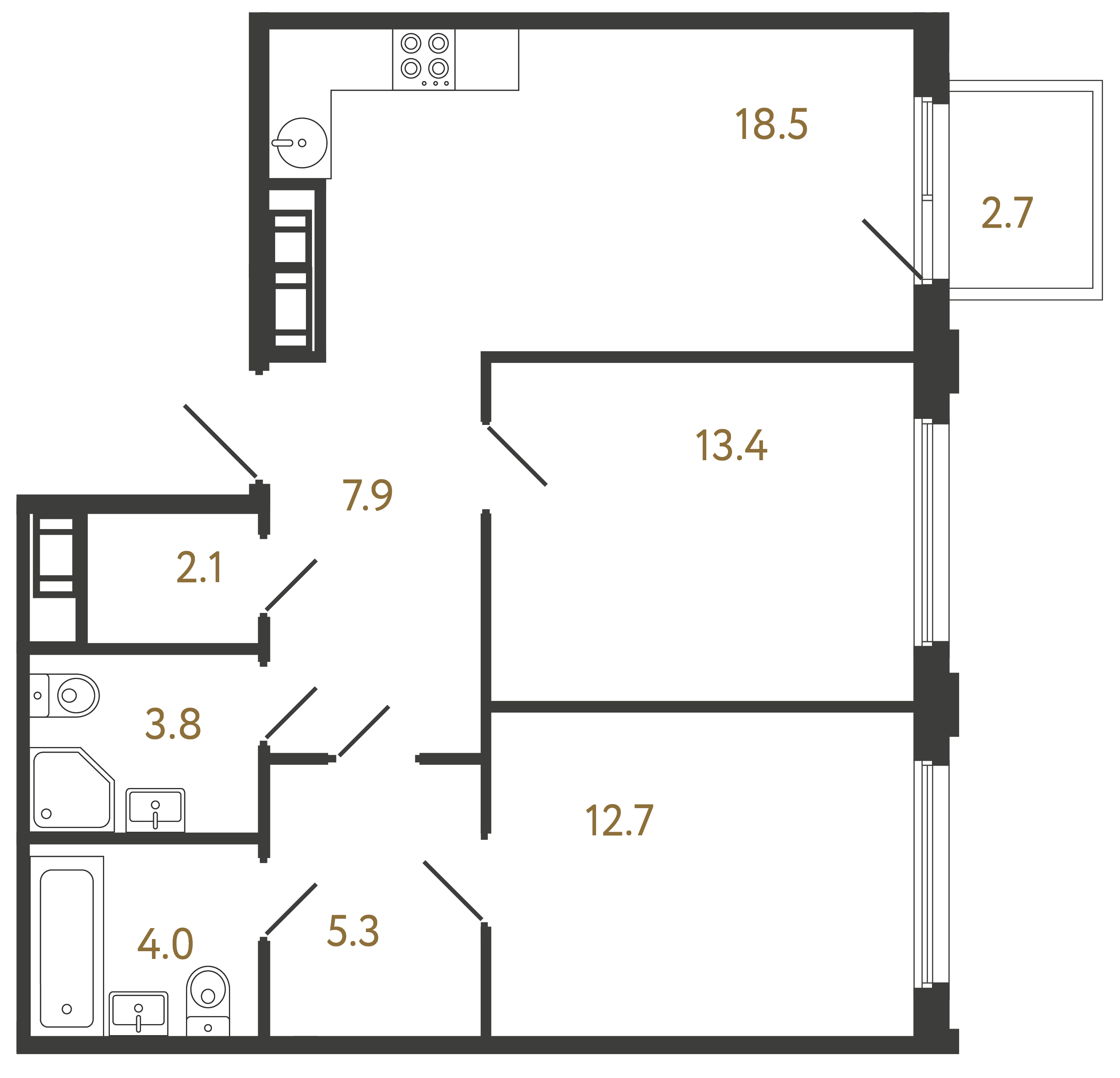 Двухкомнатная квартира 67.7 м²