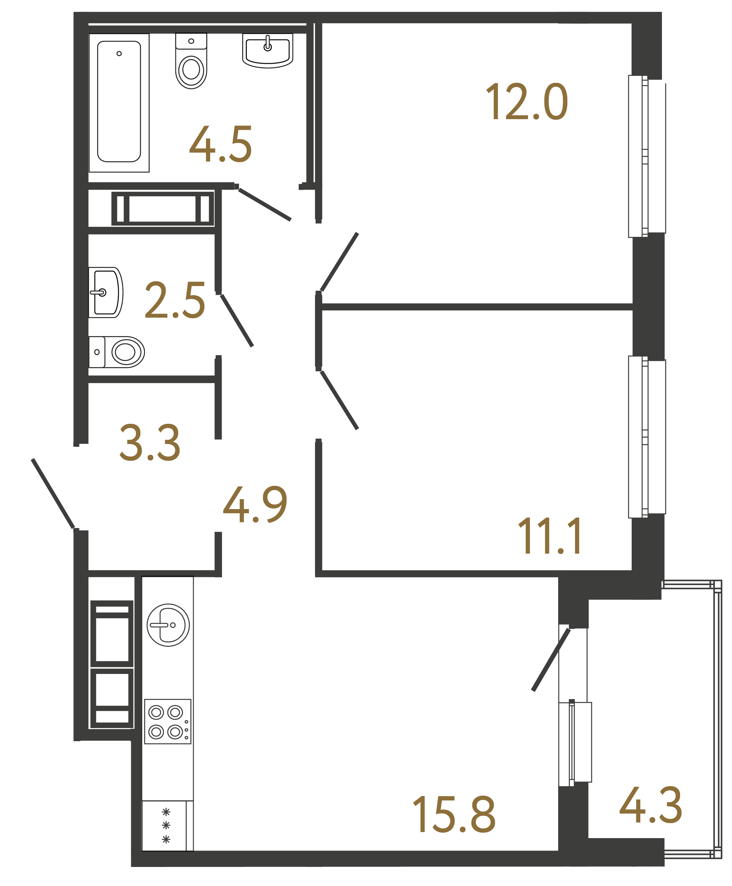 Двухкомнатная квартира 54.1 м²