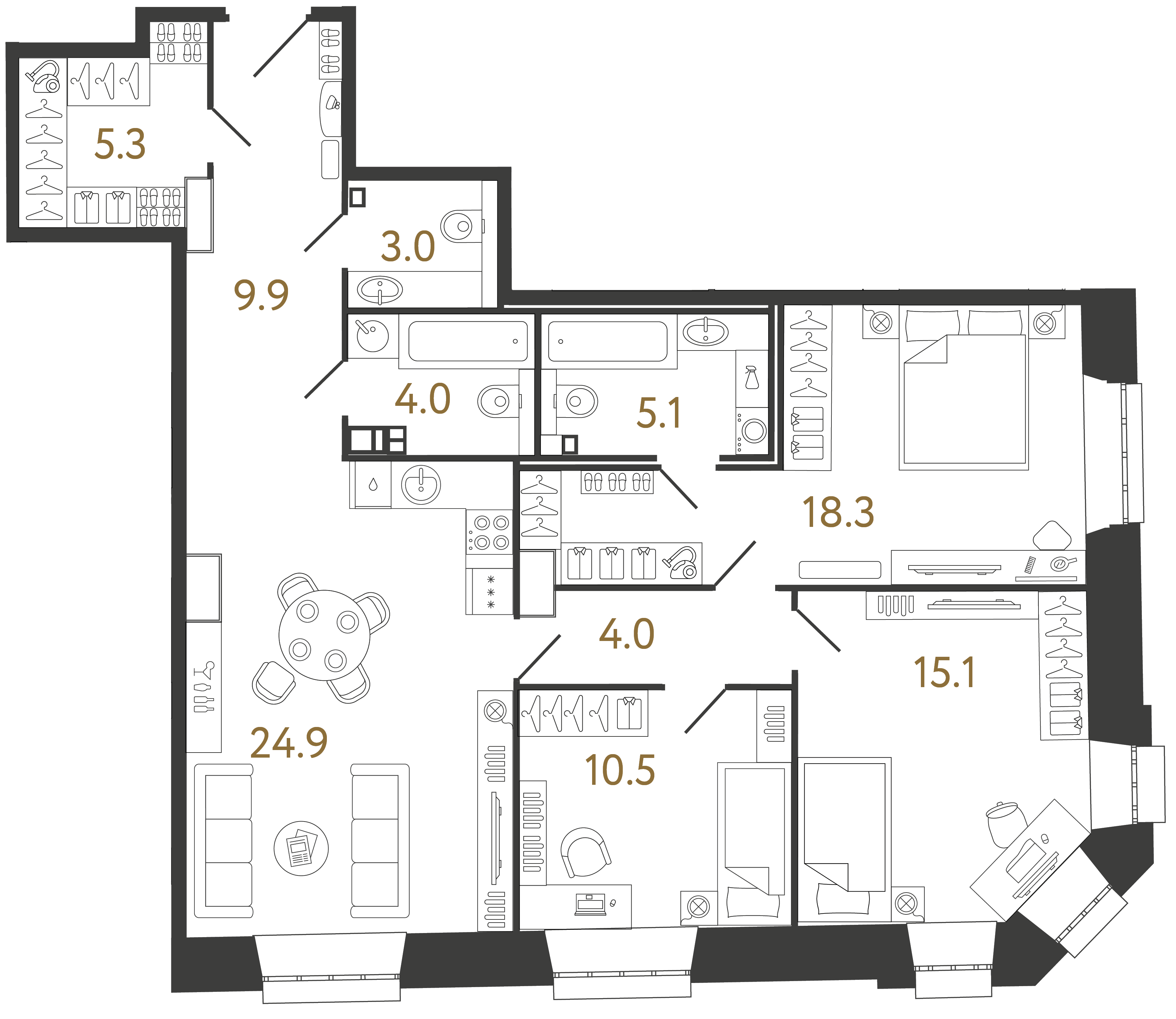 Трёхкомнатные апартаменты 100.1 м²