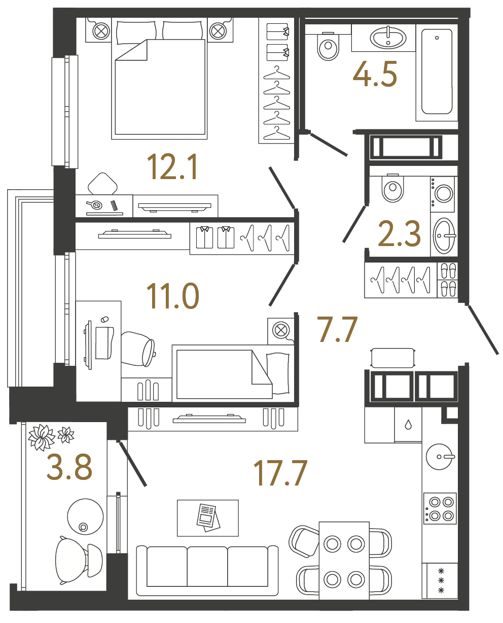 Двухкомнатная квартира 55.3 м²
