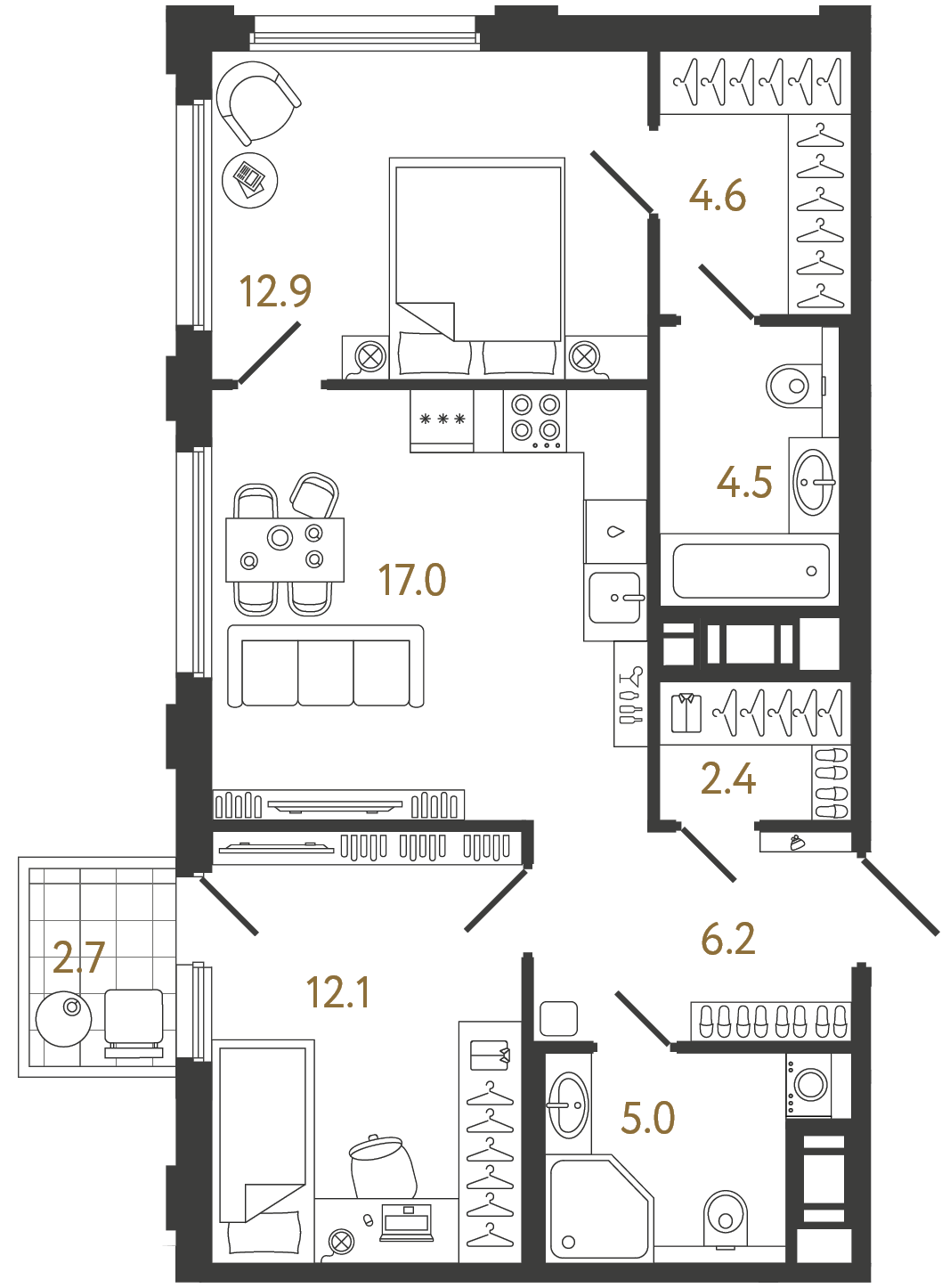 Двухкомнатная квартира 64.7 м²